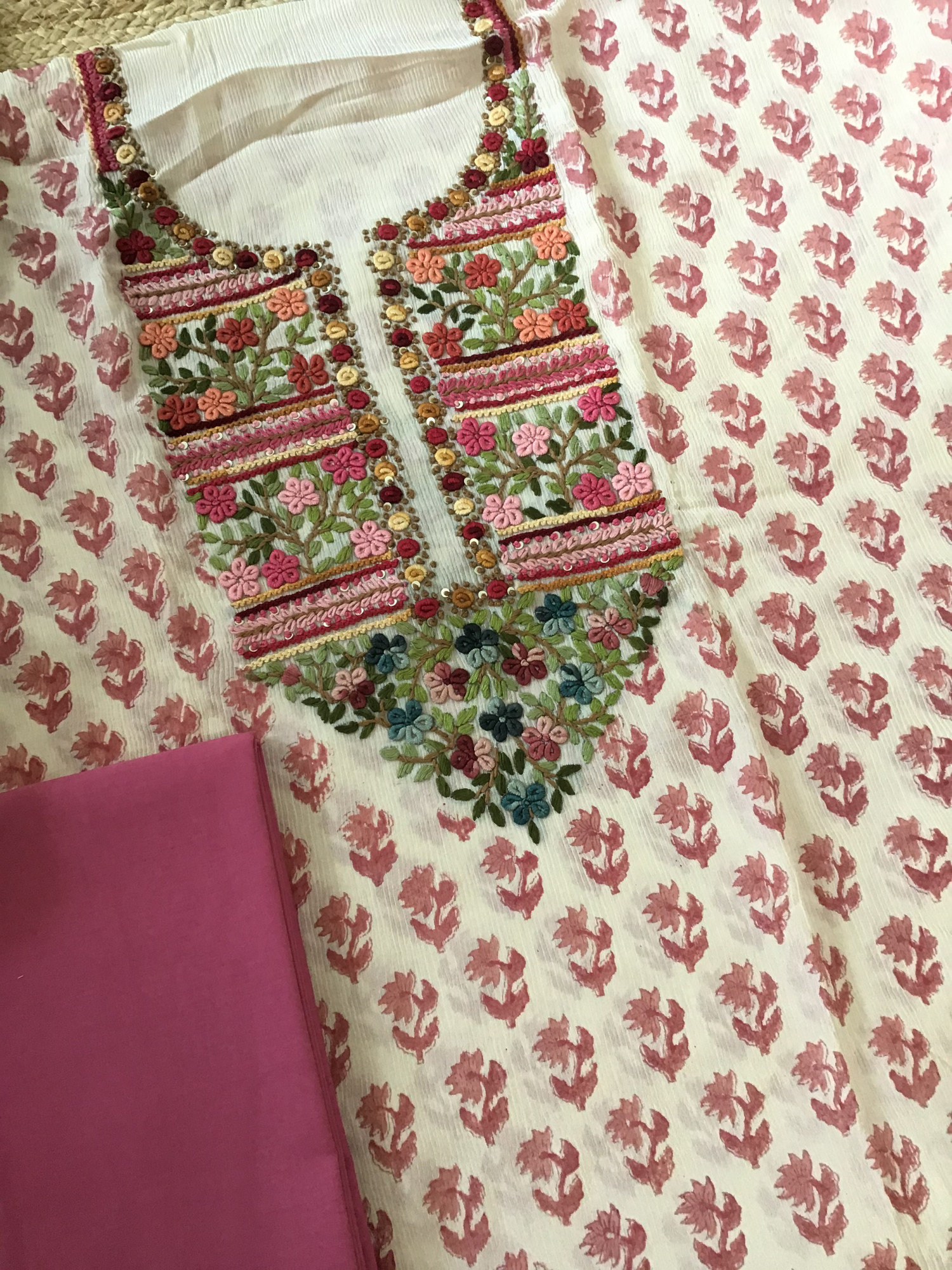 Pure Chinnon Silk Block Printed Embroidered Suit - BeigePink
