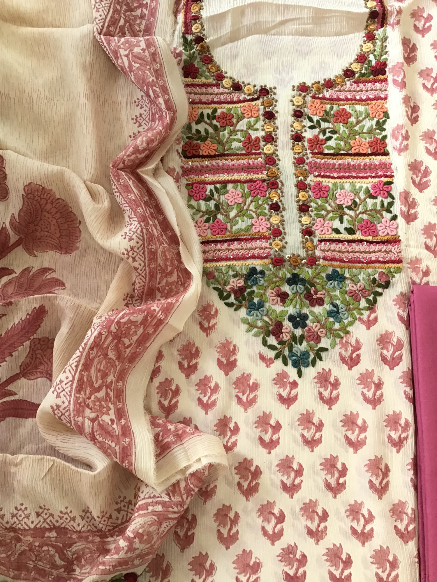 Pure Chinnon Silk Block Printed Embroidered Suit - BeigePink