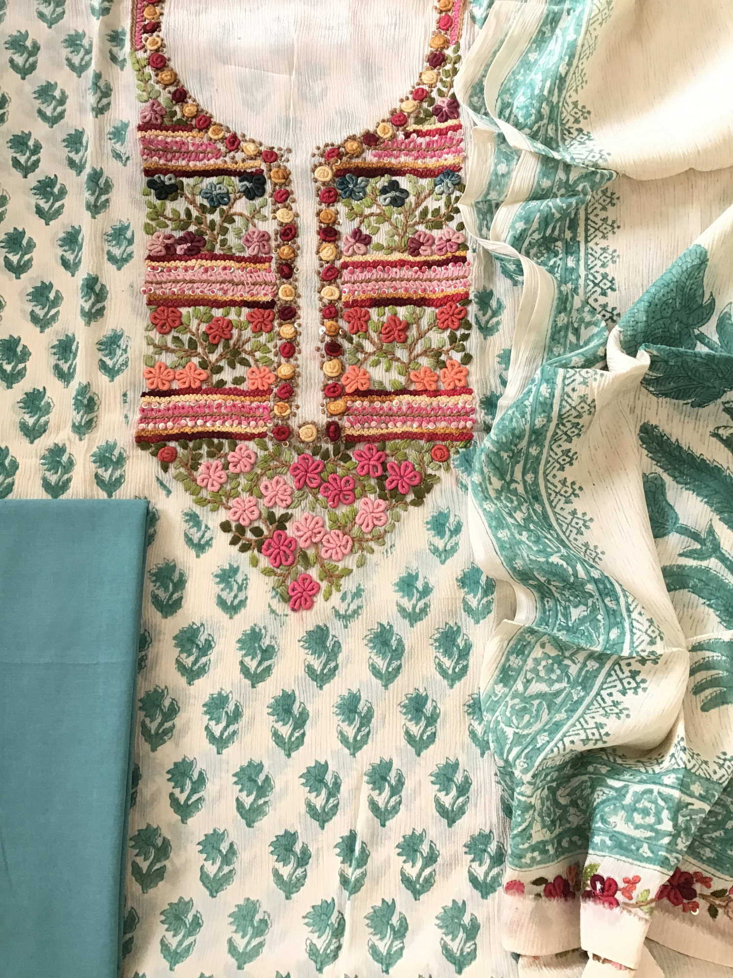 Pure Chinnon Silk Block Printed Embroidered Suit - BeigeBlue