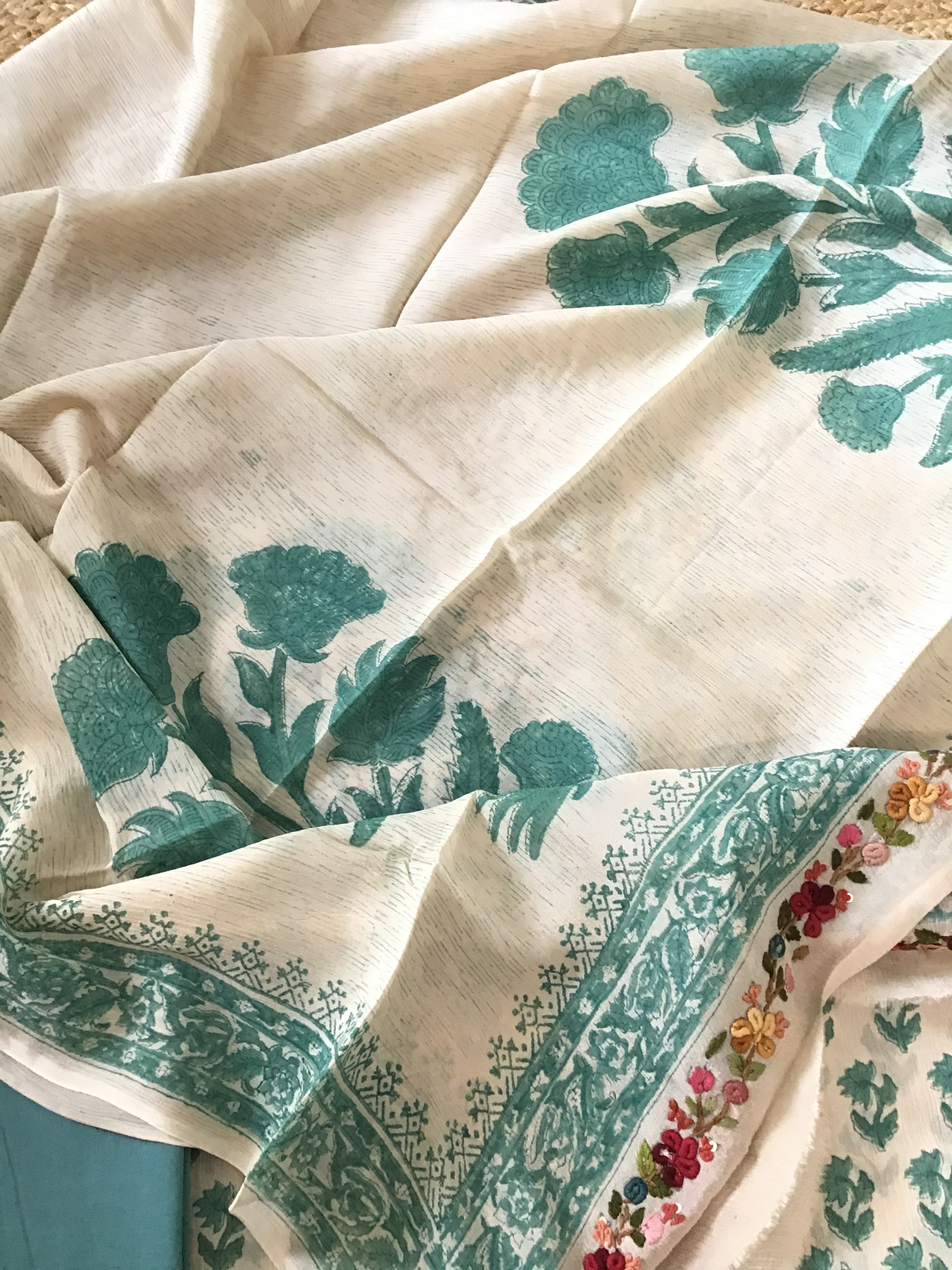 Pure Chinnon Silk Block Printed Embroidered Suit - BeigeBlue