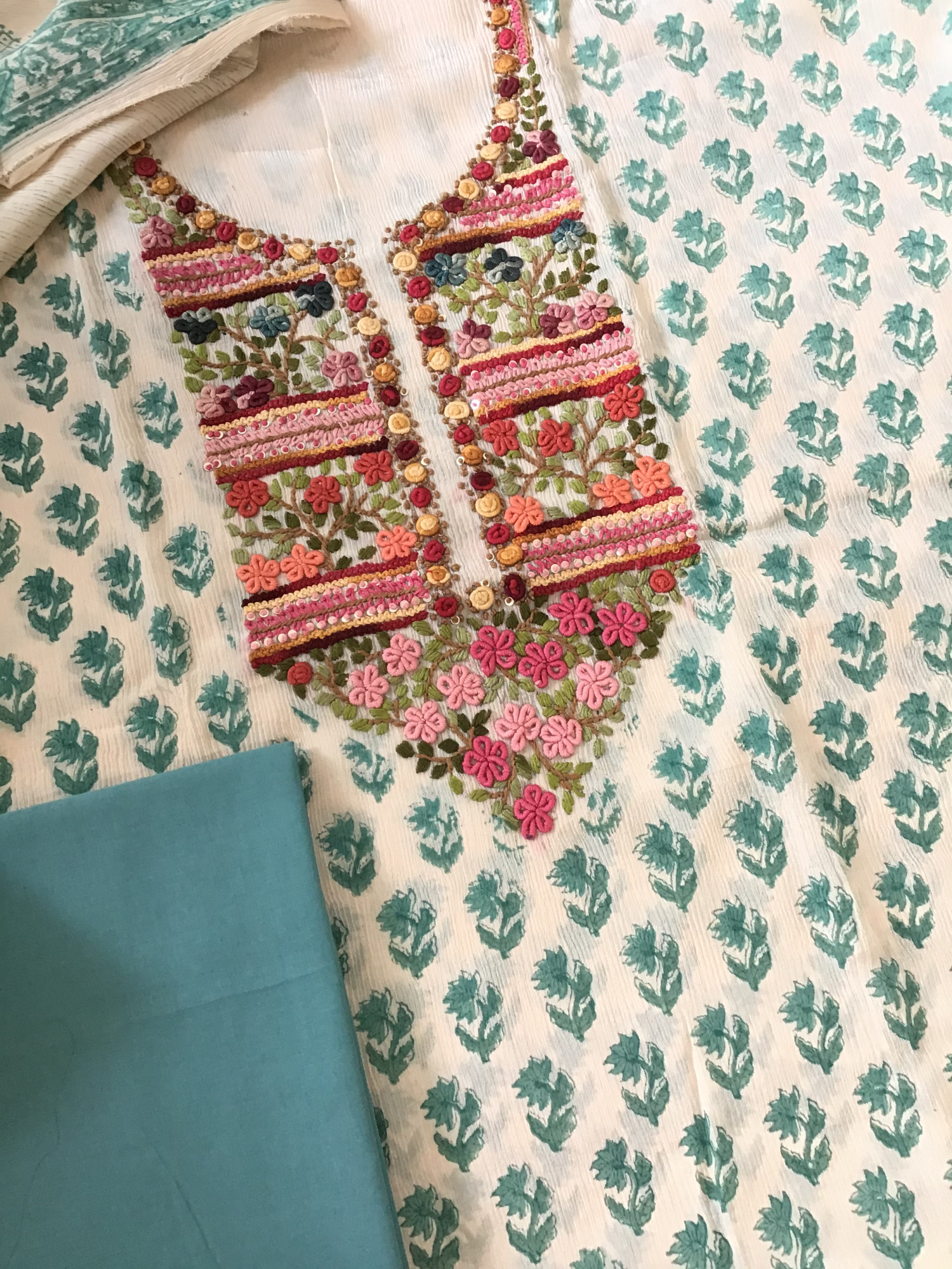 Pure Chinnon Silk Block Printed Embroidered Suit - BeigeBlue