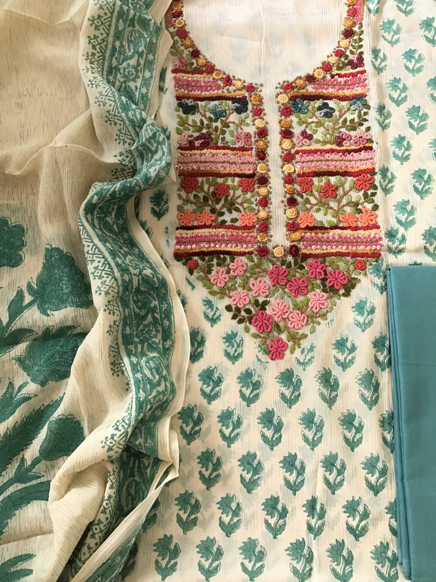 Pure Chinnon Silk Block Printed Embroidered Suit - BeigeBlue