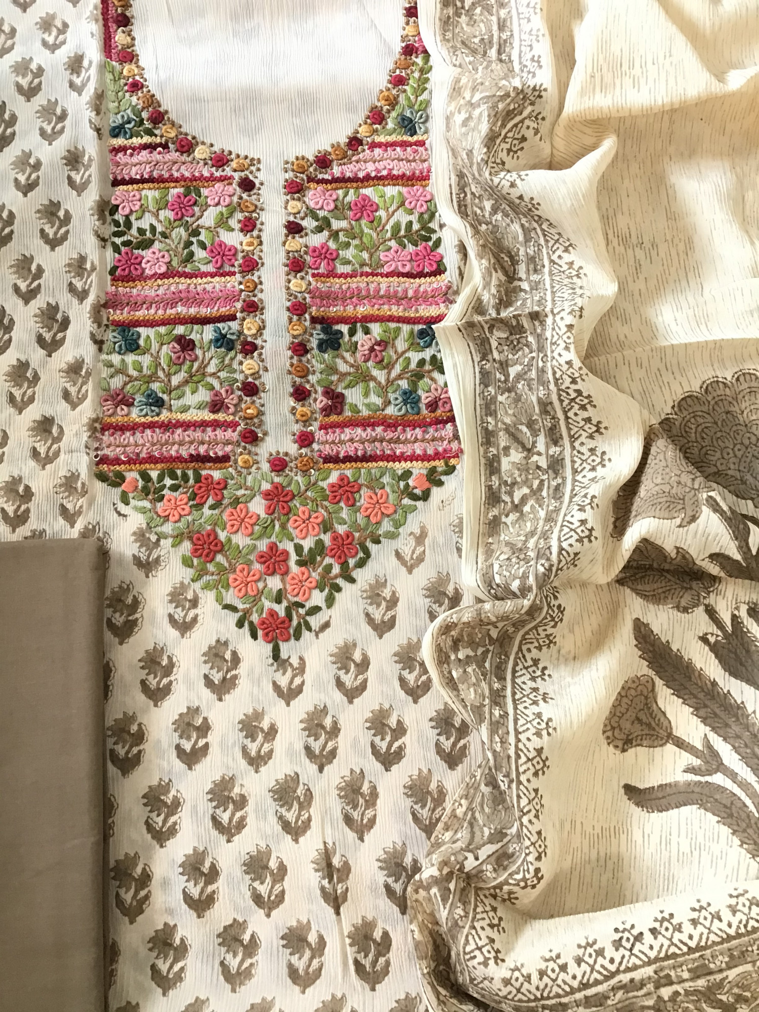 Pure Chinnon Silk Block Printed Embroidered Suit - BeigeBrown