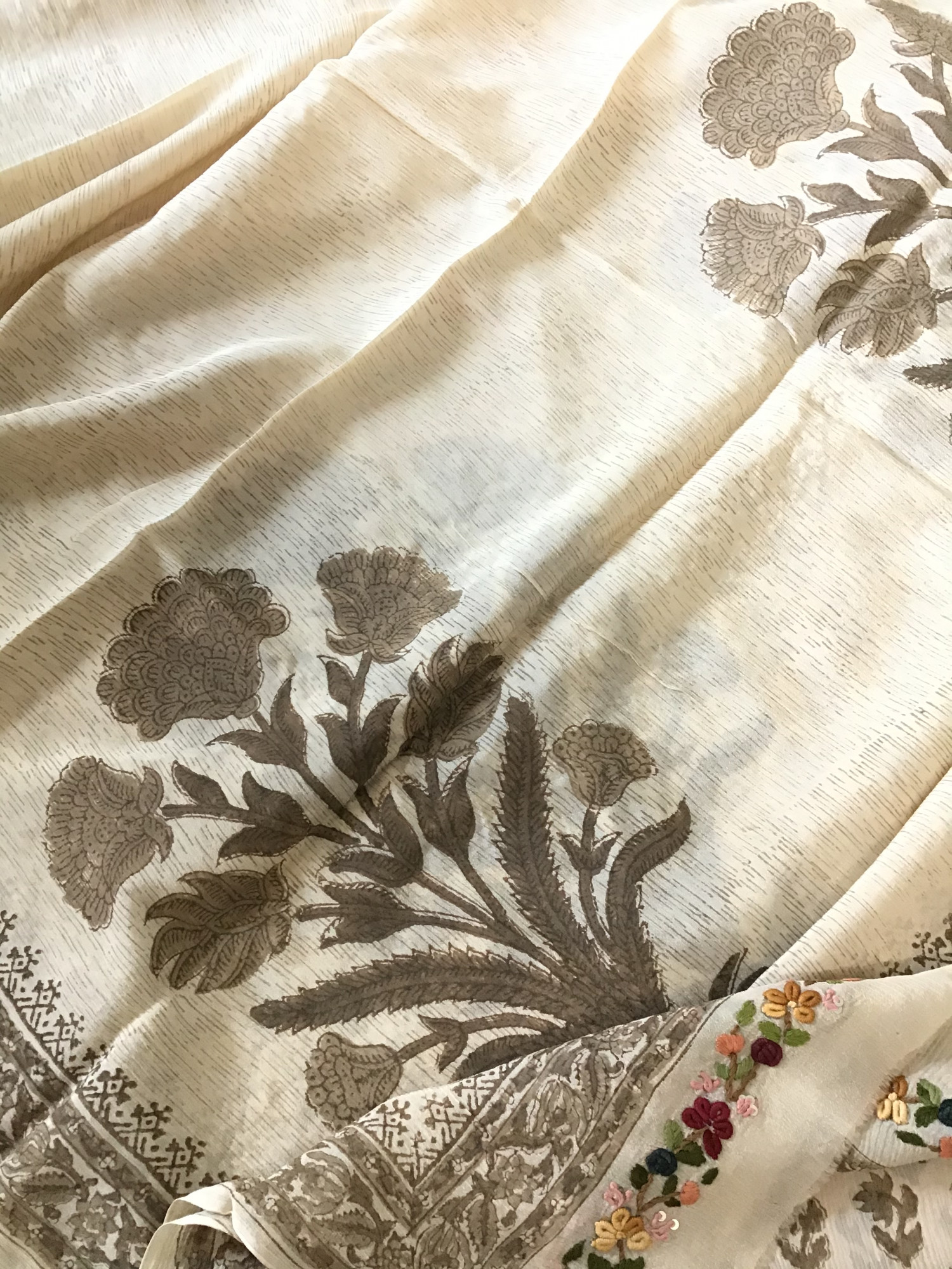 Pure Chinnon Silk Block Printed Embroidered Suit - BeigeBrown