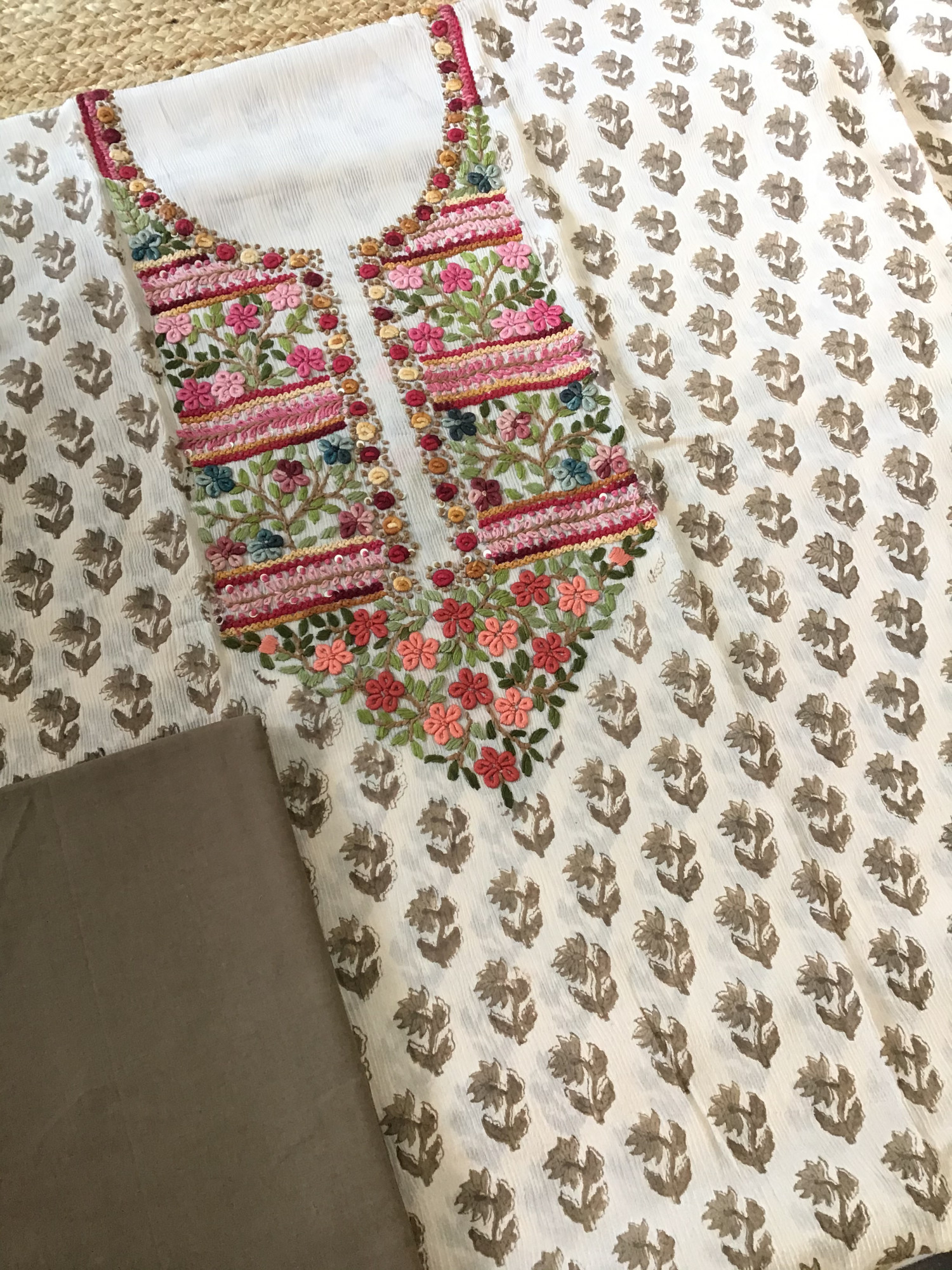 Pure Chinnon Silk Block Printed Embroidered Suit - BeigeBrown