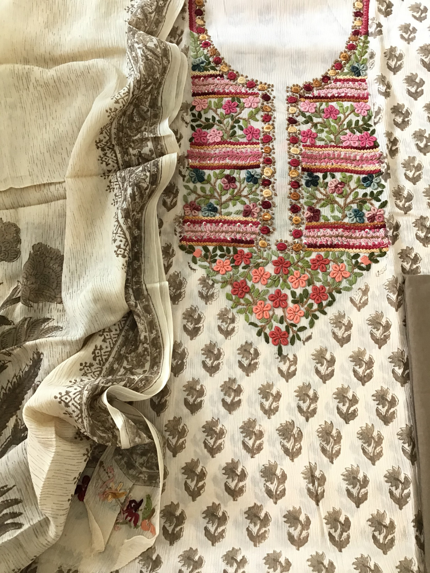 Pure Chinnon Silk Block Printed Embroidered Suit - BeigeBrown