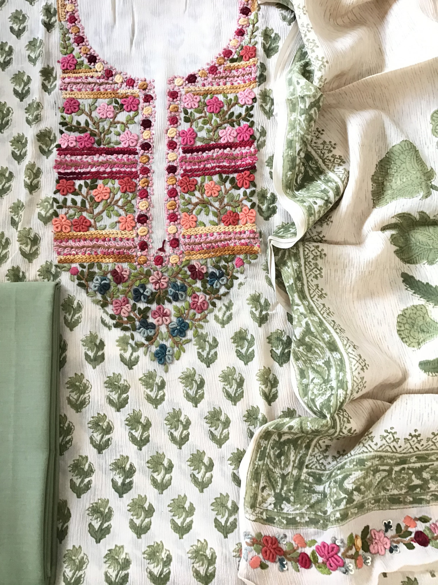 Pure Chinnon Silk Block Printed Embroidered Suit - BeigeGreen