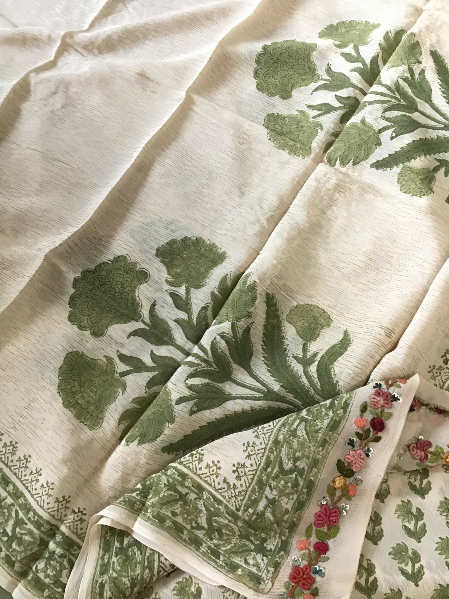 Pure Chinnon Silk Block Printed Embroidered Suit - BeigeGreen