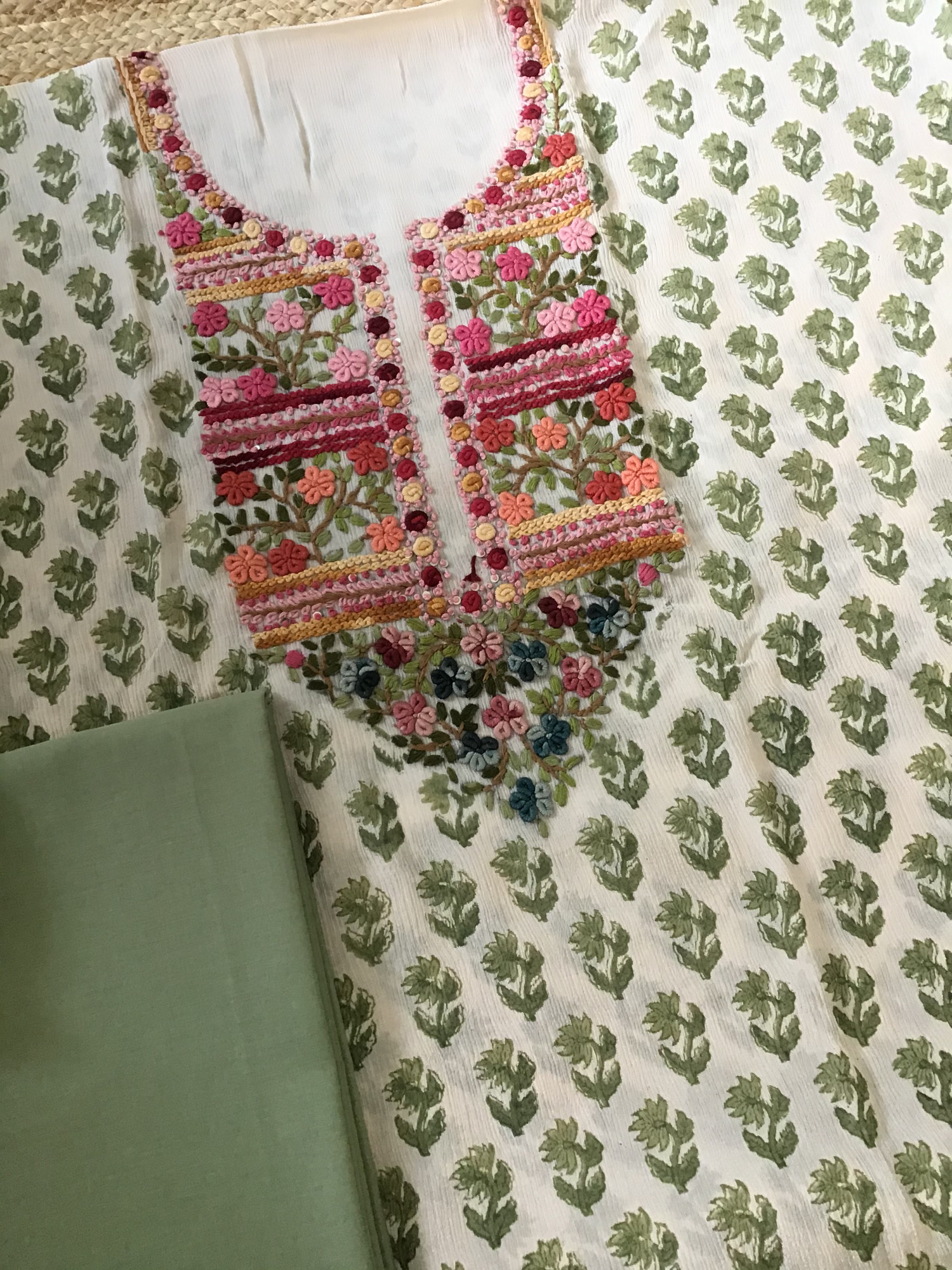 Pure Chinnon Silk Block Printed Embroidered Suit - BeigeGreen