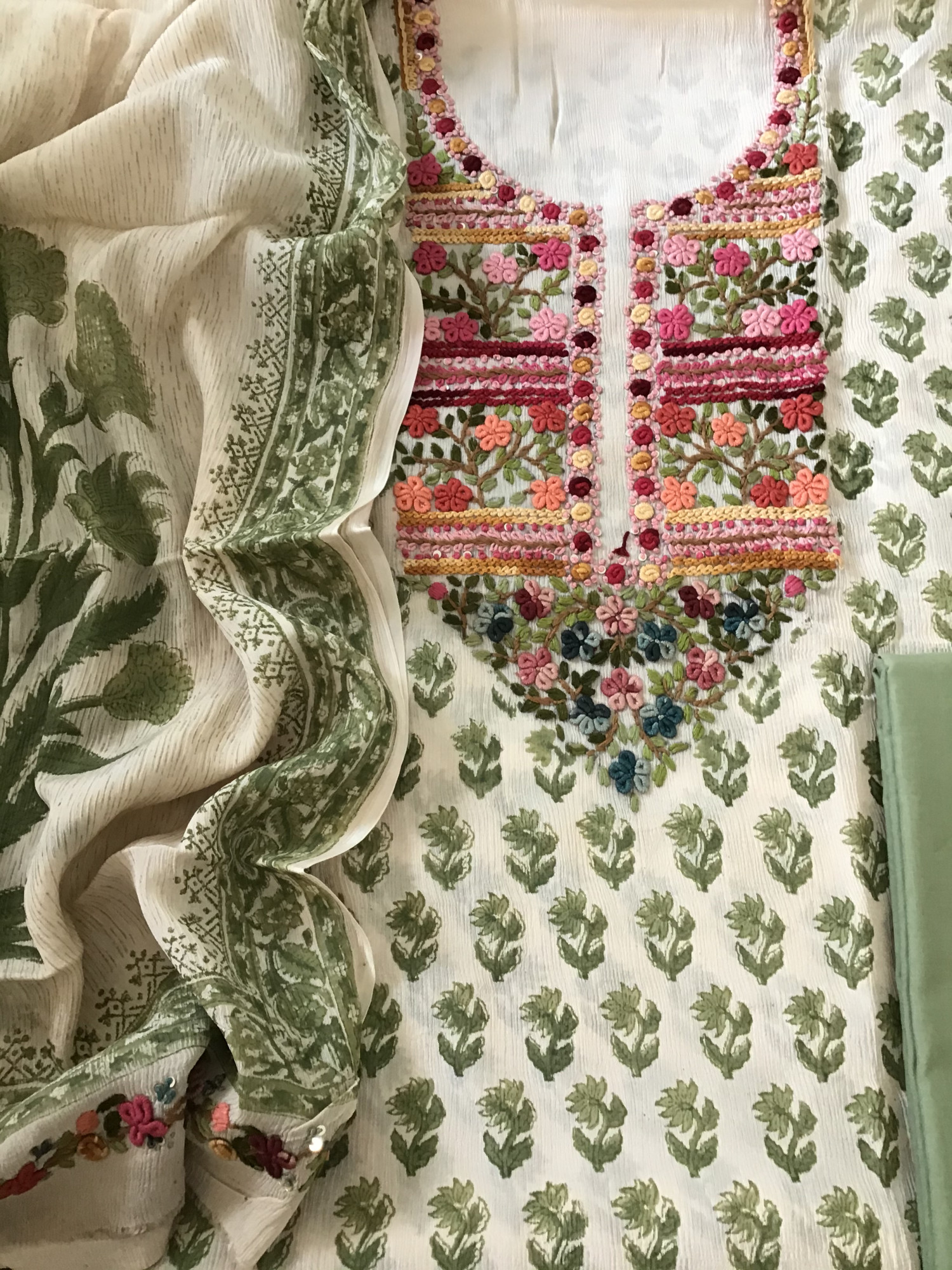 Pure Chinnon Silk Block Printed Embroidered Suit - BeigeGreen