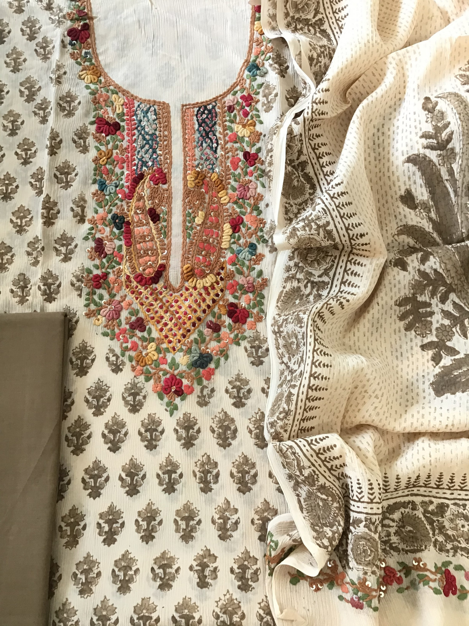 Pure Chinnon Silk Block Printed Embroidered Suit - BeigeBrown