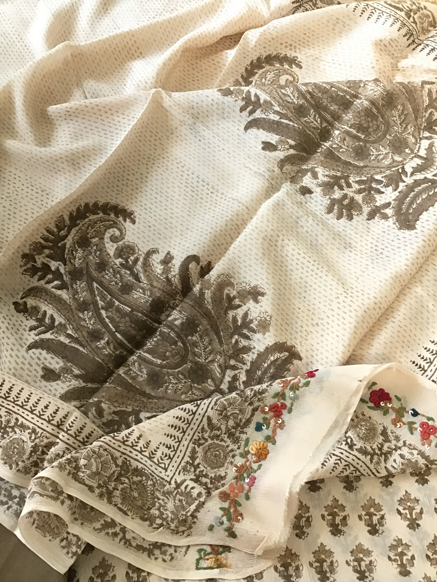 Pure Chinnon Silk Block Printed Embroidered Suit - BeigeBrown