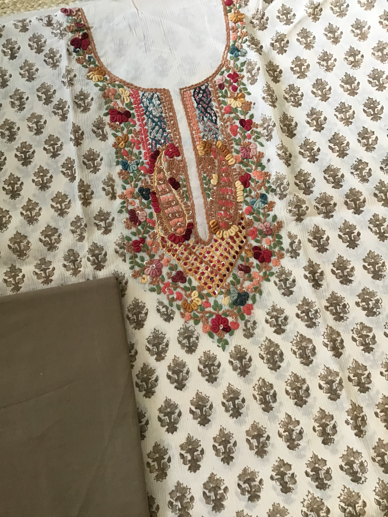 Pure Chinnon Silk Block Printed Embroidered Suit - BeigeBrown