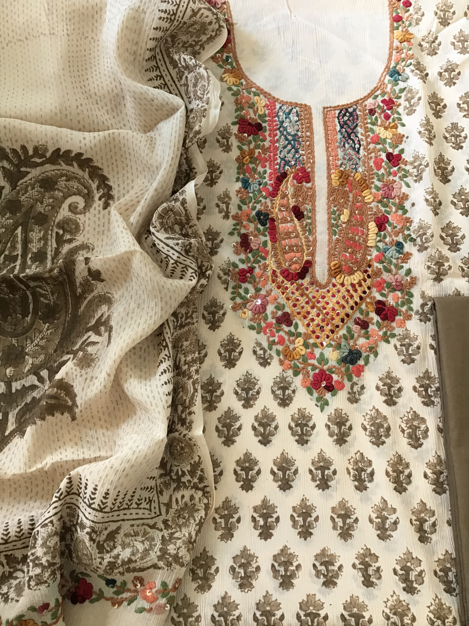 Pure Chinnon Silk Block Printed Embroidered Suit - BeigeBrown