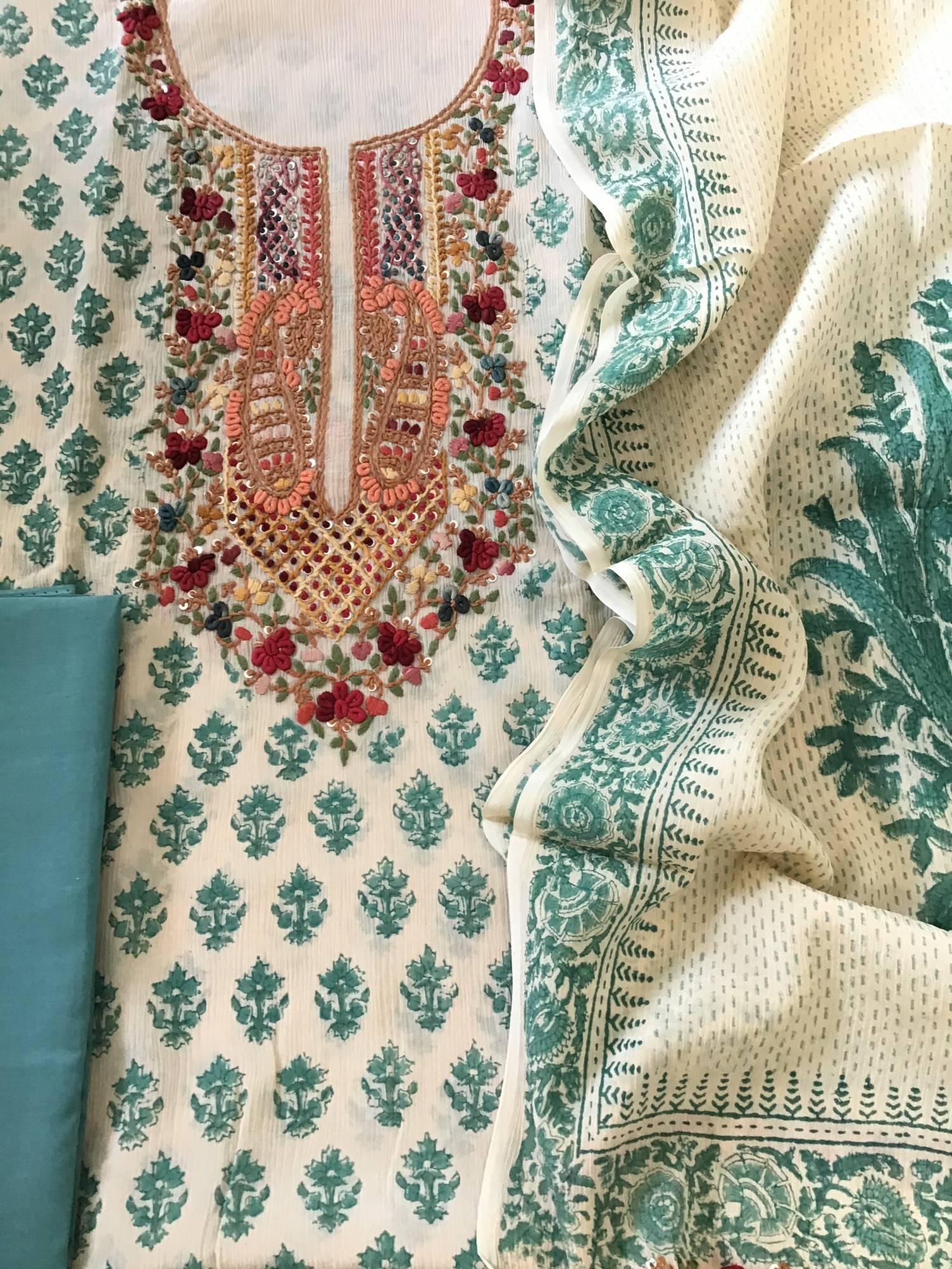 Pure Chinnon Silk Block Printed Embroidered Suit - BeigeBlue