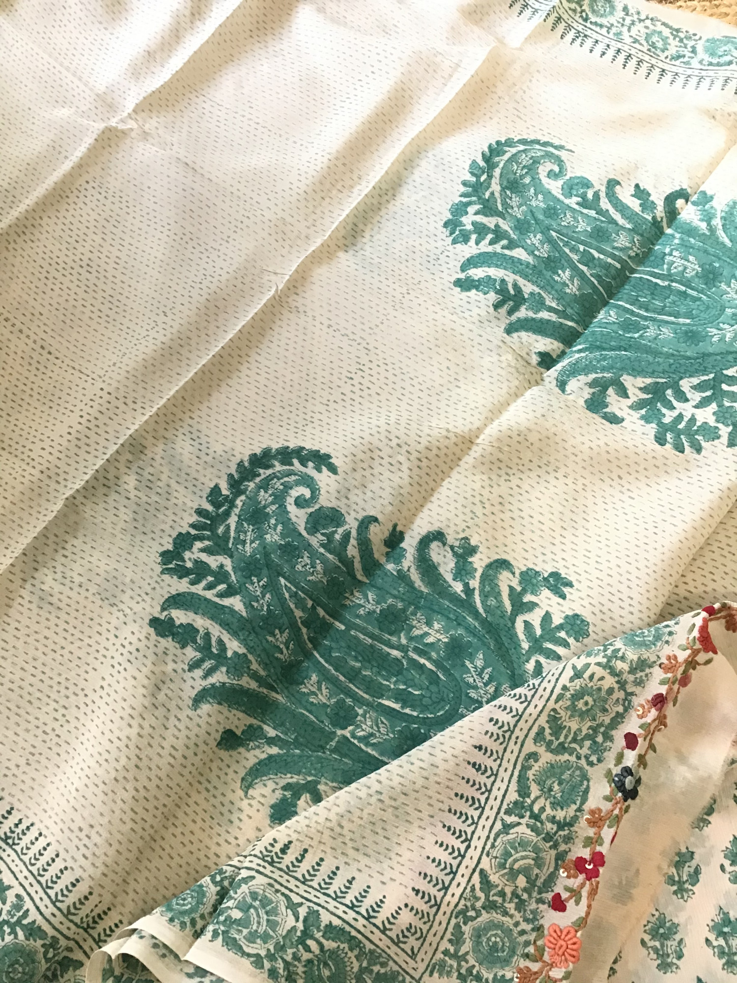 Pure Chinnon Silk Block Printed Embroidered Suit - BeigeBlue