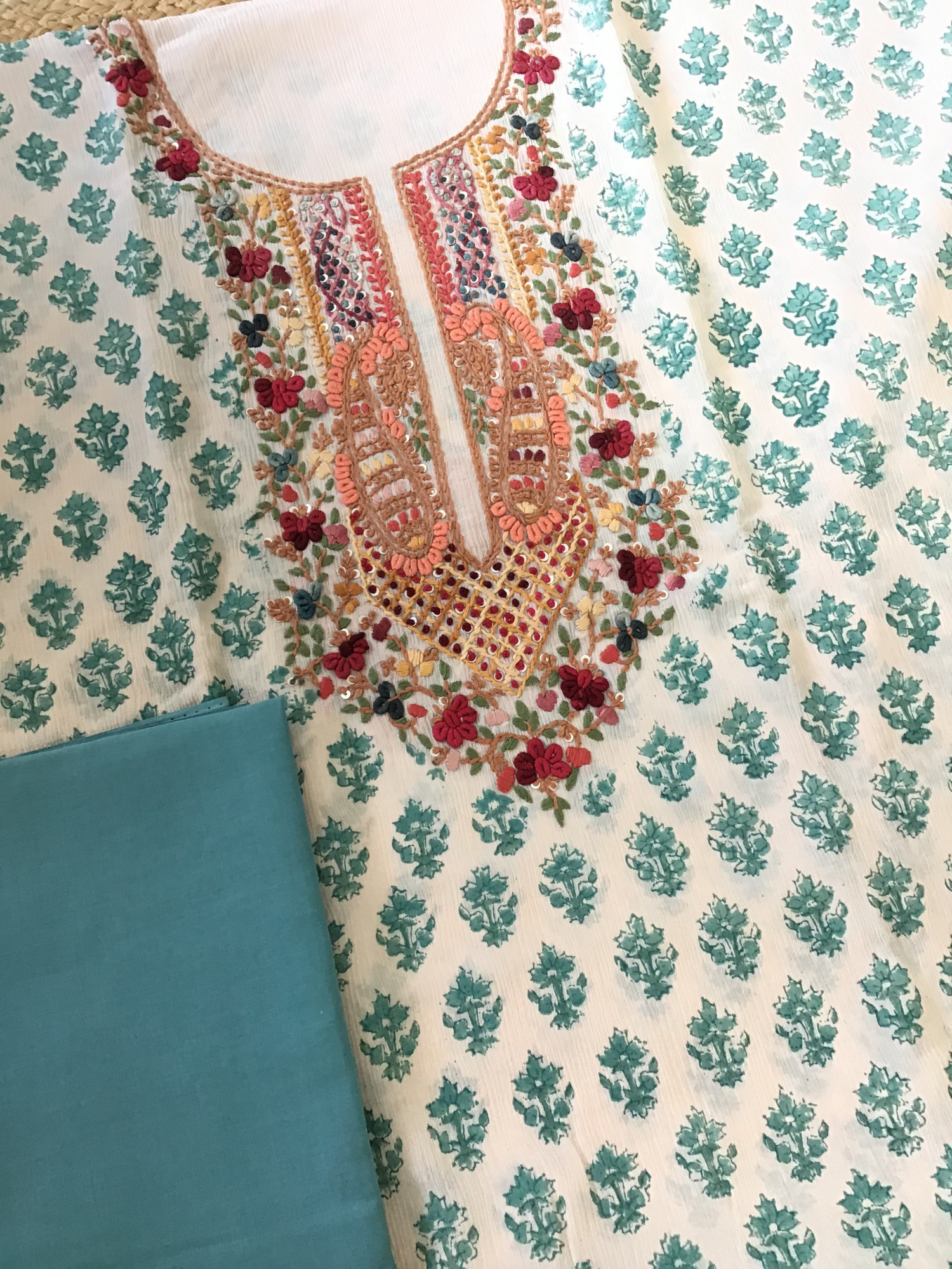 Pure Chinnon Silk Block Printed Embroidered Suit - BeigeBlue