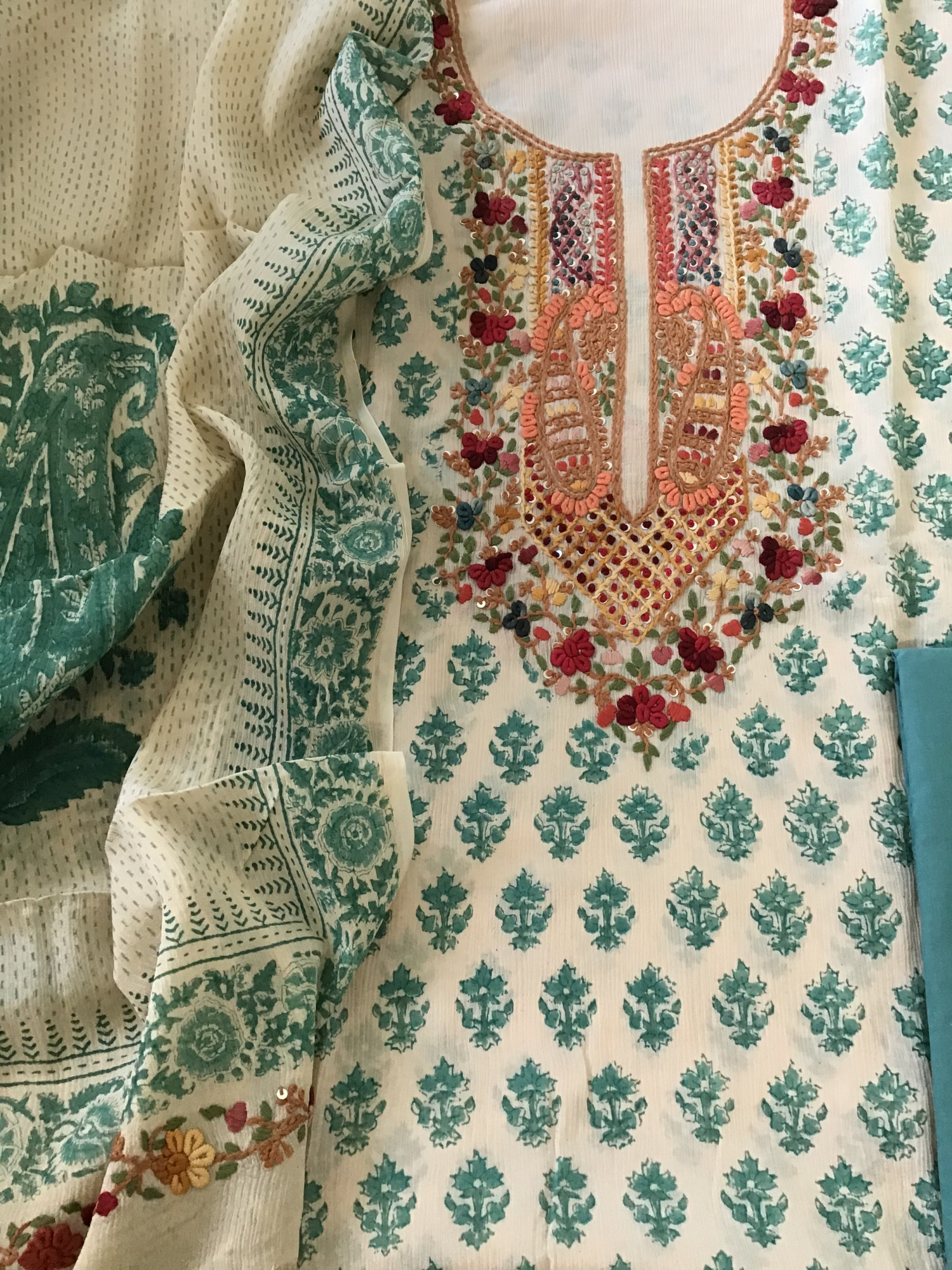 Pure Chinnon Silk Block Printed Embroidered Suit - BeigeBlue