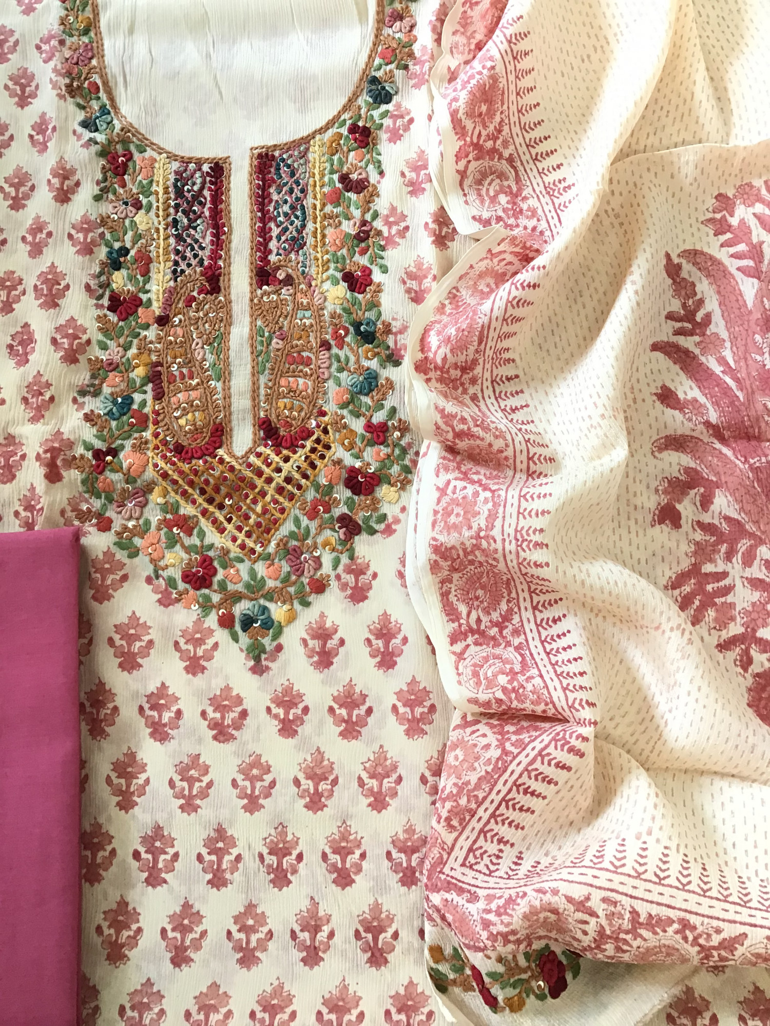 Pure Chinnon Silk Block Printed Embroidered Suit - BeigePink
