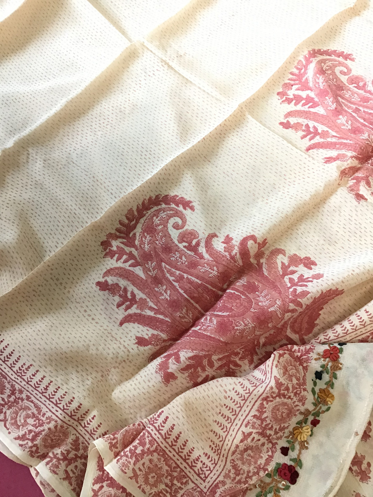 Pure Chinnon Silk Block Printed Embroidered Suit - BeigePink