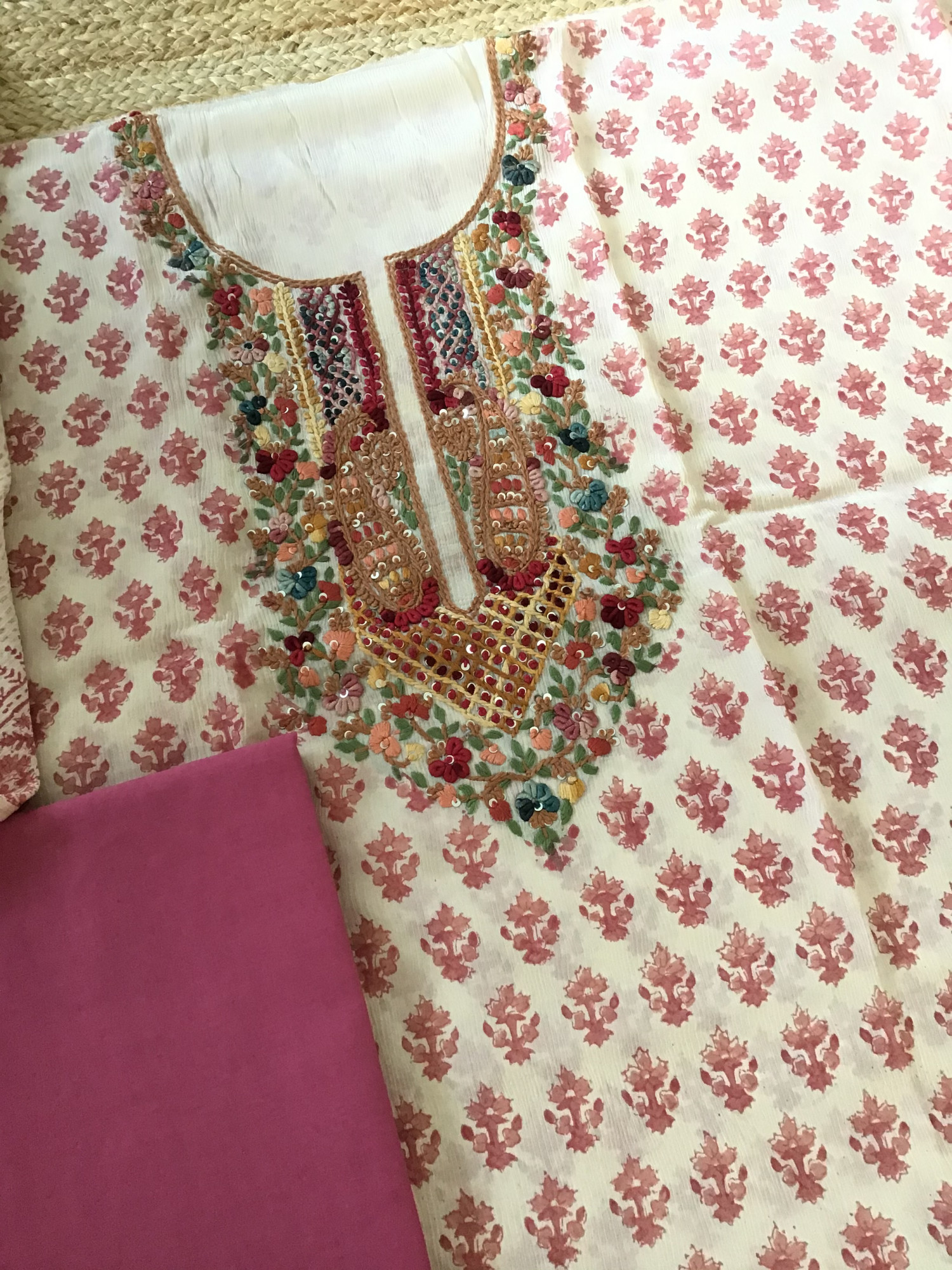Pure Chinnon Silk Block Printed Embroidered Suit - BeigePink