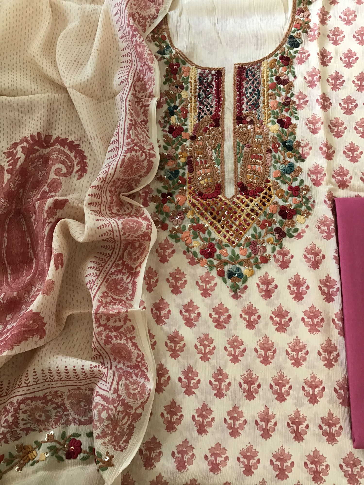 Pure Chinnon Silk Block Printed Embroidered Suit - BeigePink