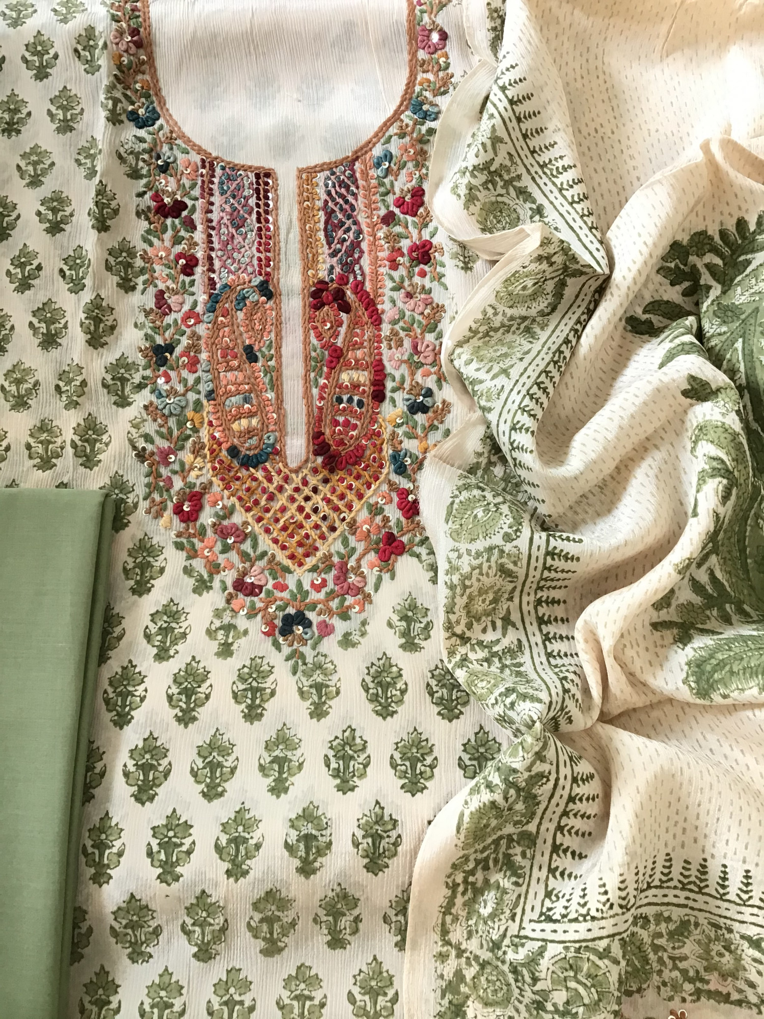 Pure Chinnon Silk Block Printed Embroidered Suit - BeigeGreen