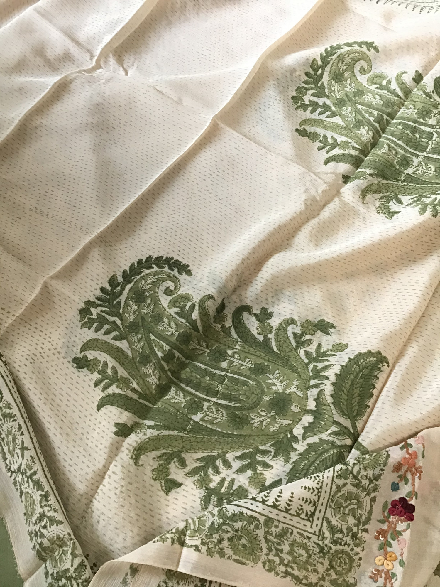 Pure Chinnon Silk Block Printed Embroidered Suit - BeigeGreen