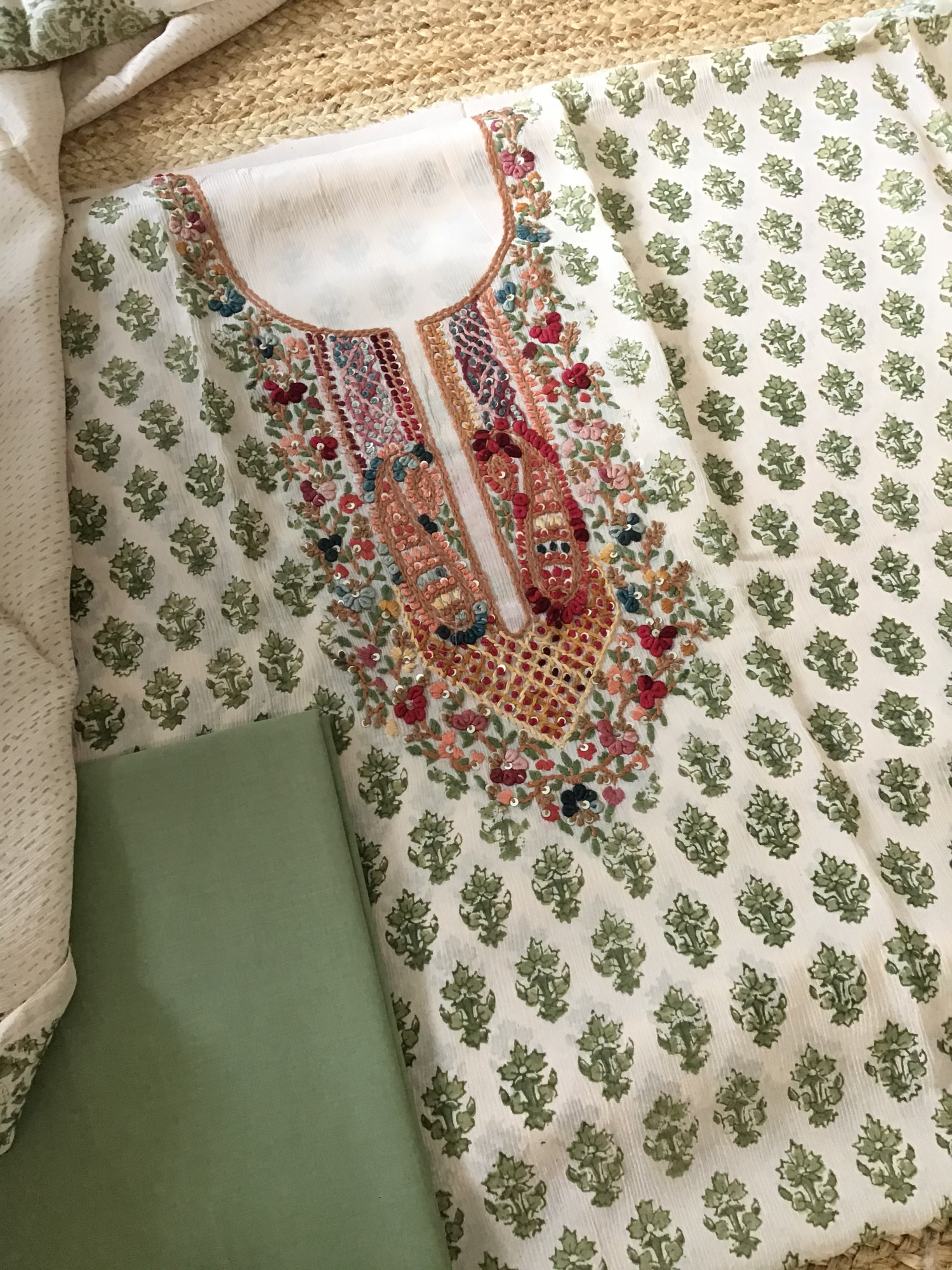 Pure Chinnon Silk Block Printed Embroidered Suit - BeigeGreen