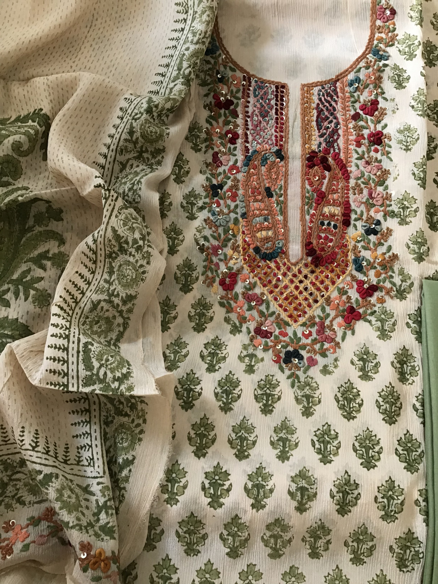 Pure Chinnon Silk Block Printed Embroidered Suit - BeigeGreen