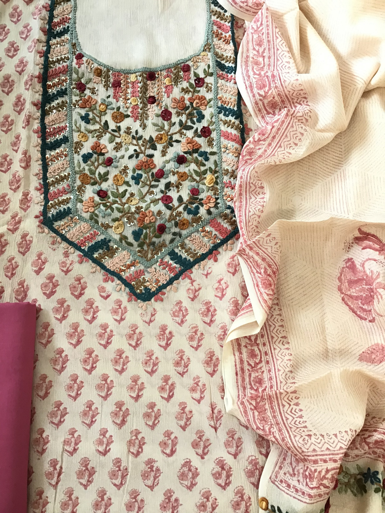 Pure Chinnon Silk Block Printed Embroidered Suit - BeigePink