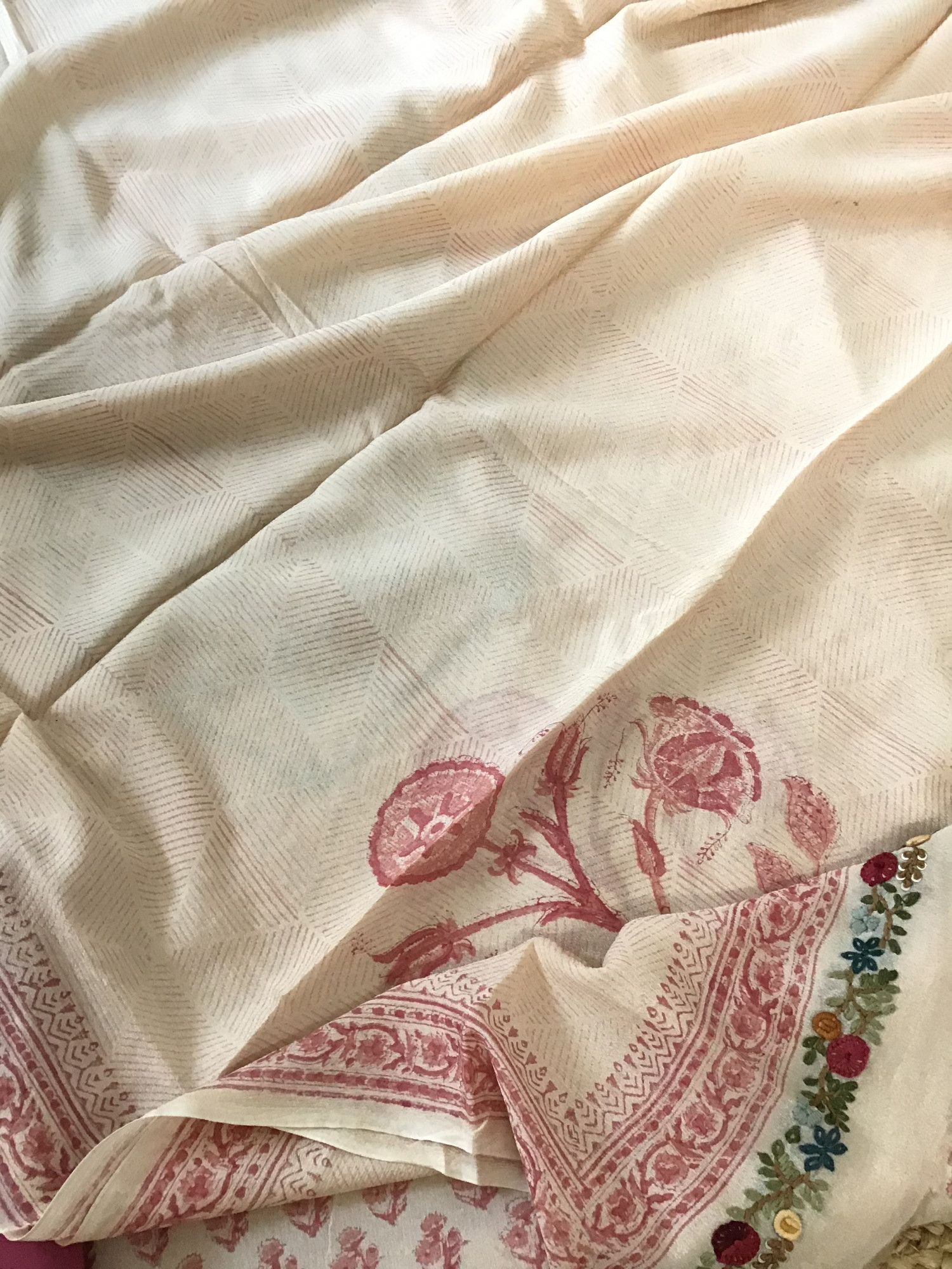 Pure Chinnon Silk Block Printed Embroidered Suit - BeigePink