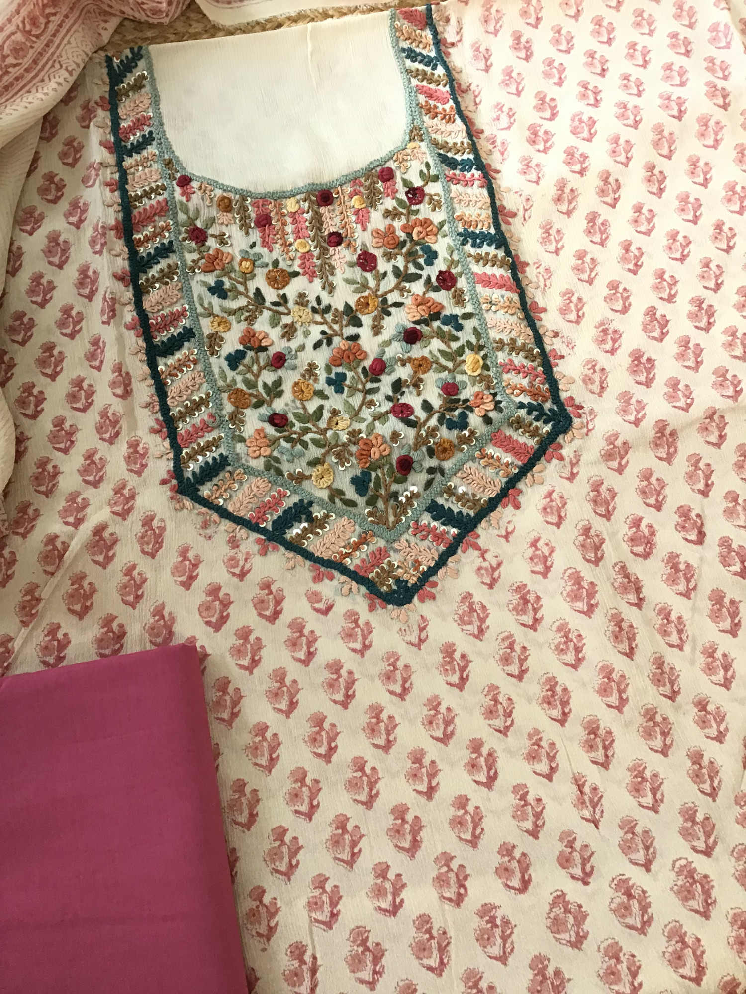 Pure Chinnon Silk Block Printed Embroidered Suit - BeigePink