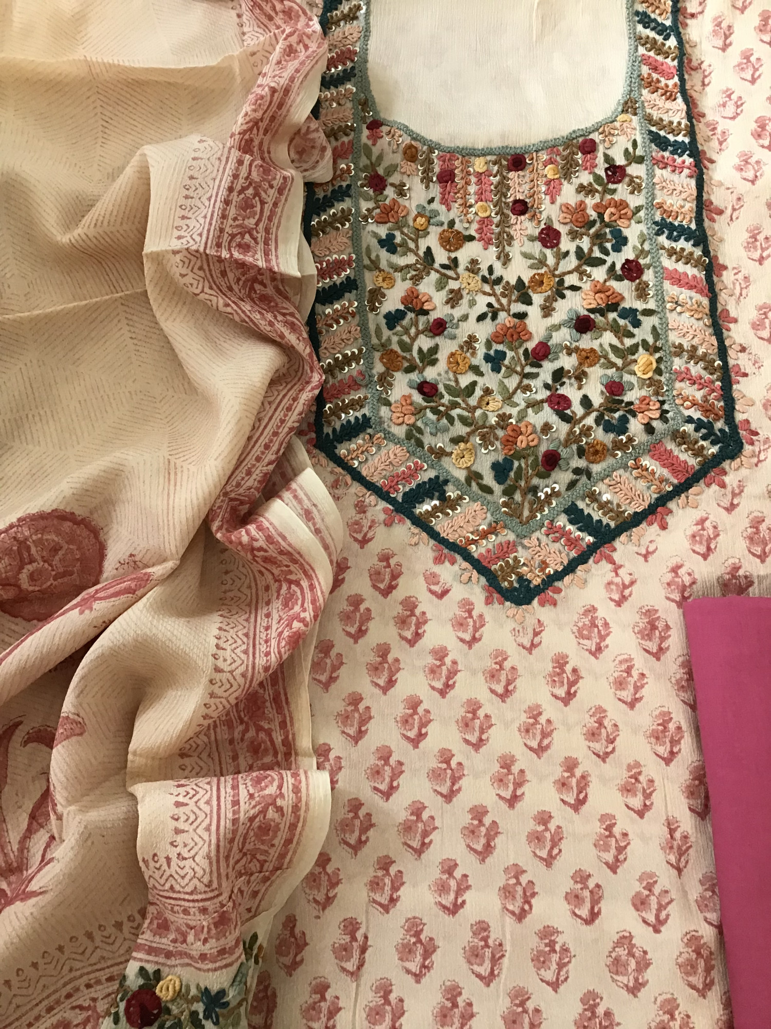 Pure Chinnon Silk Block Printed Embroidered Suit - BeigePink