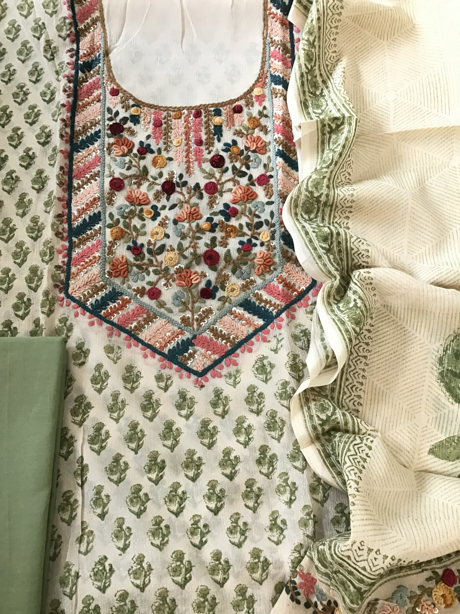 Pure Chinnon Silk Block Printed Embroidered Suit - BeigeGreen