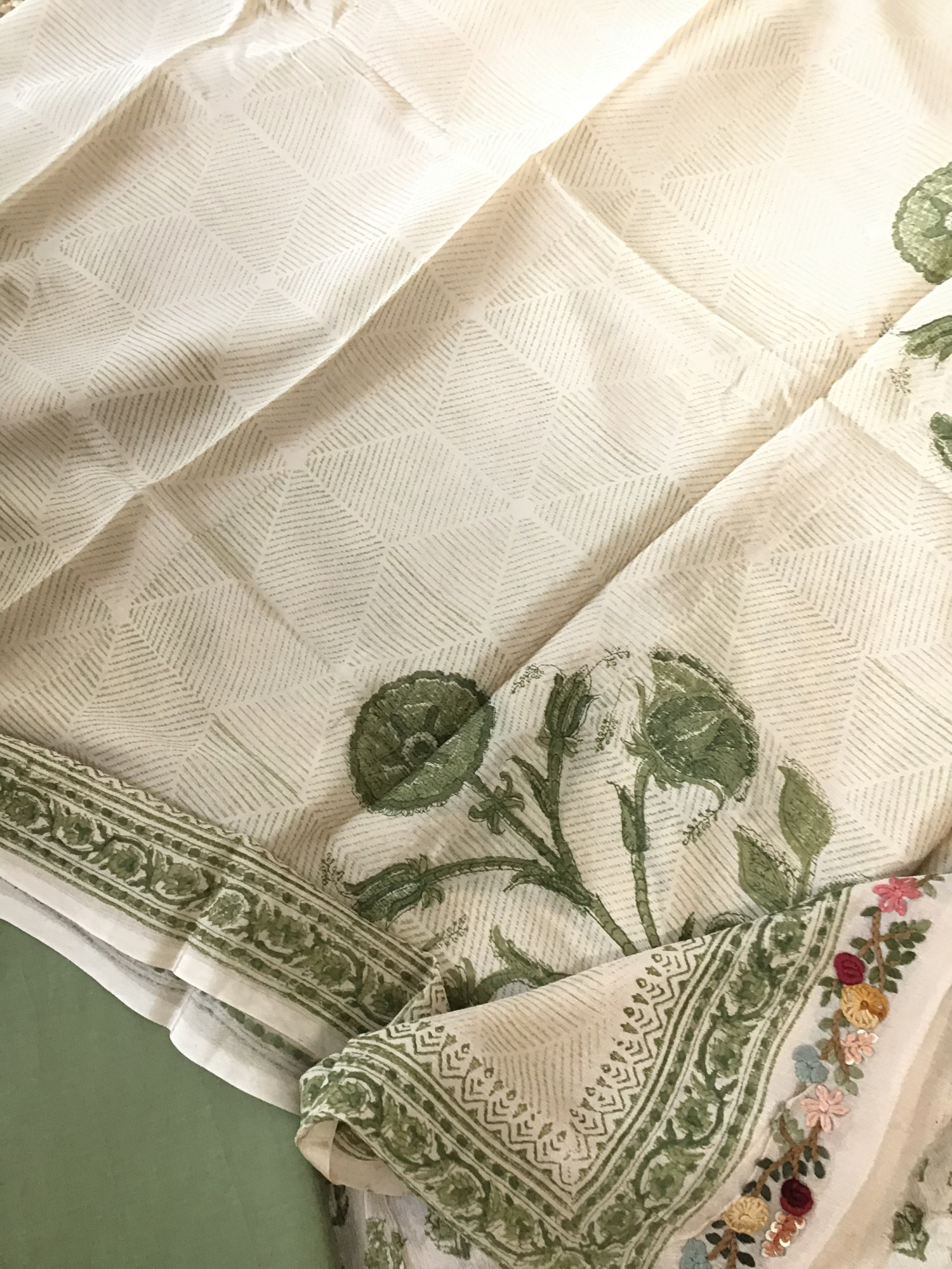 Pure Chinnon Silk Block Printed Embroidered Suit - BeigeGreen