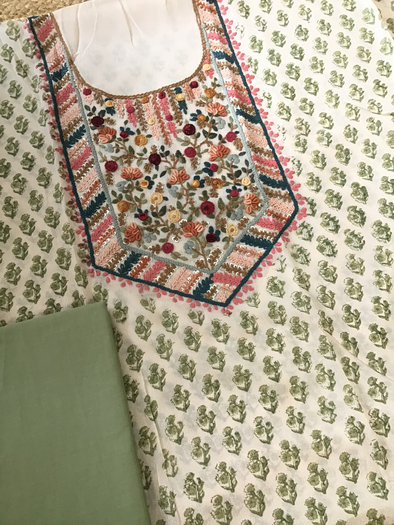 Pure Chinnon Silk Block Printed Embroidered Suit - BeigeGreen