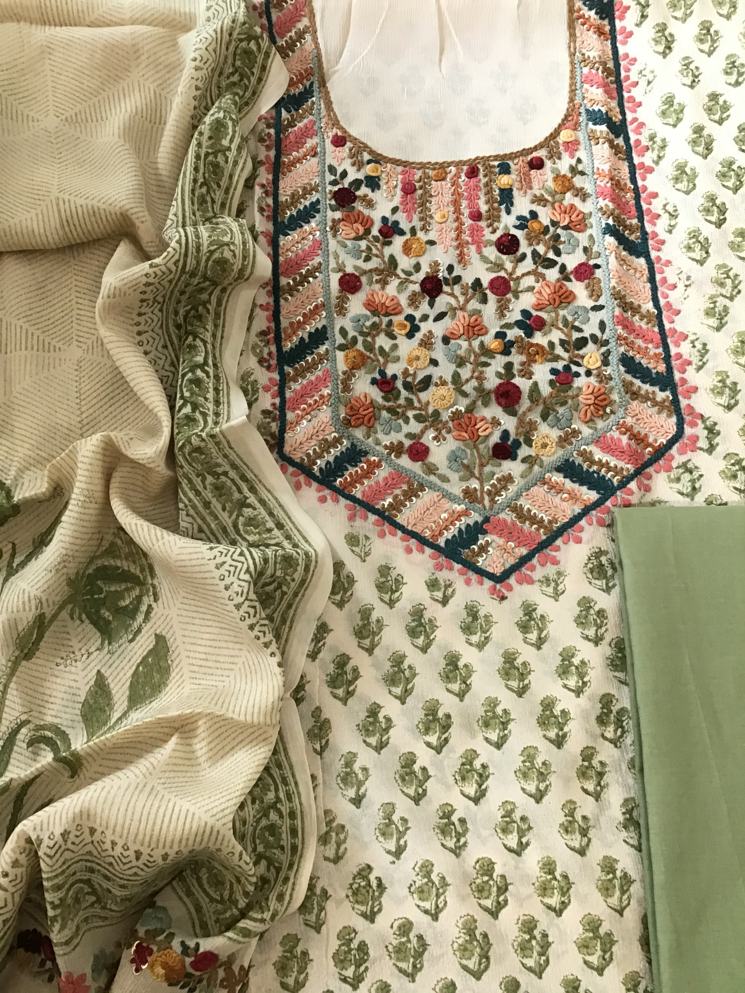 Pure Chinnon Silk Block Printed Embroidered Suit - BeigeGreen