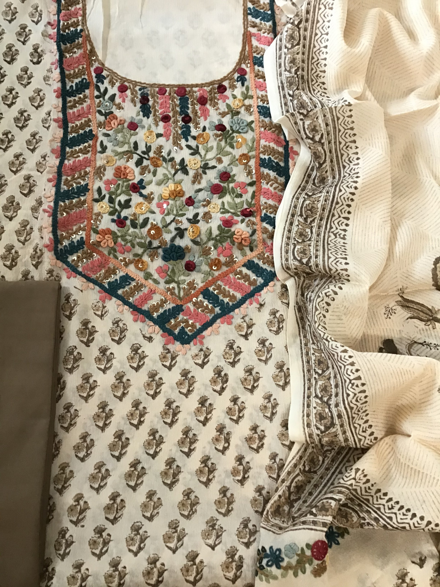 Pure Chinnon Silk Block Printed Embroidered Suit - BeigeBrown