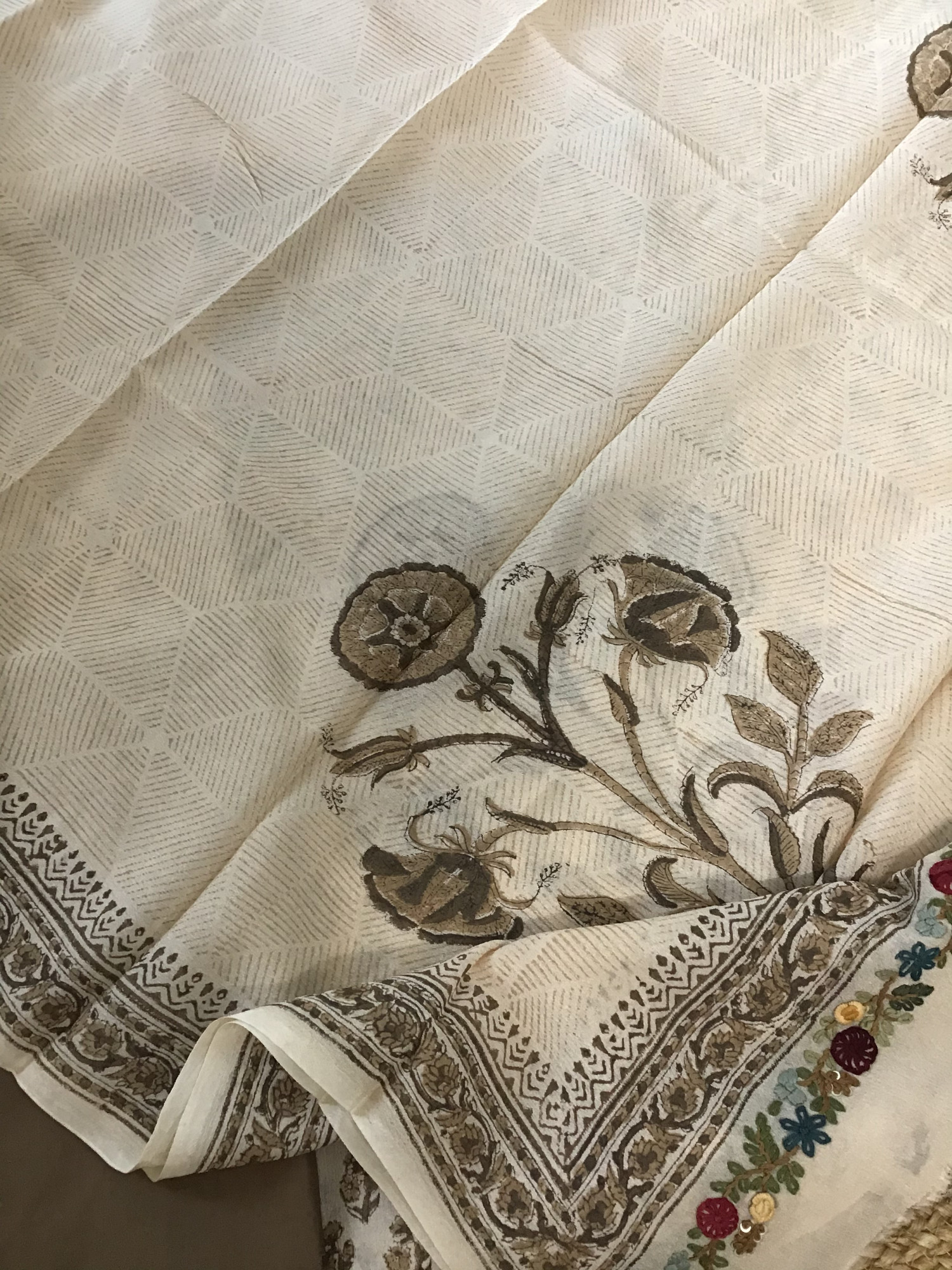 Pure Chinnon Silk Block Printed Embroidered Suit - BeigeBrown