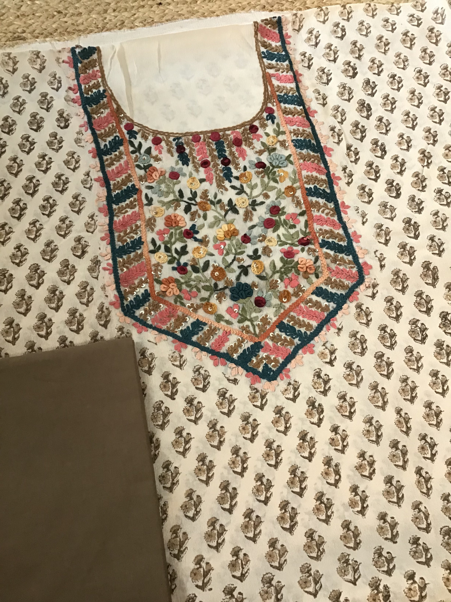 Pure Chinnon Silk Block Printed Embroidered Suit - BeigeBrown