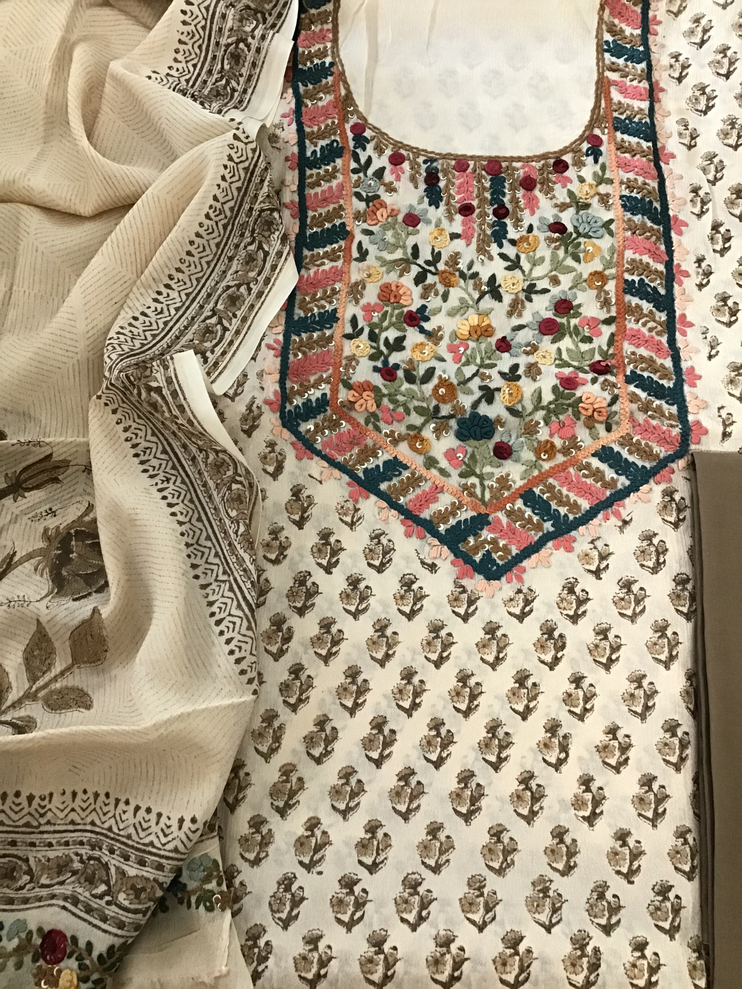 Pure Chinnon Silk Block Printed Embroidered Suit - BeigeBrown