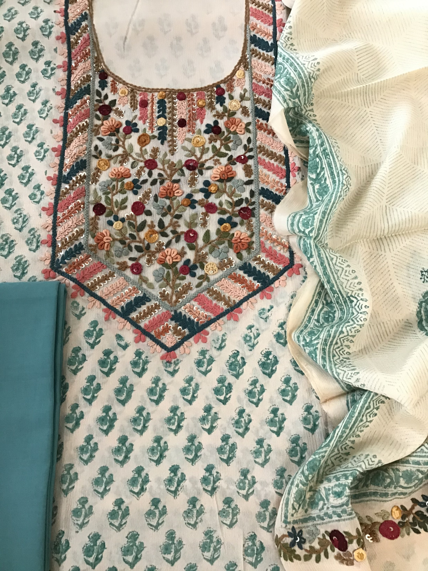 Pure Chinnon Silk Block Printed Embroidered Suit - BeigeBlue