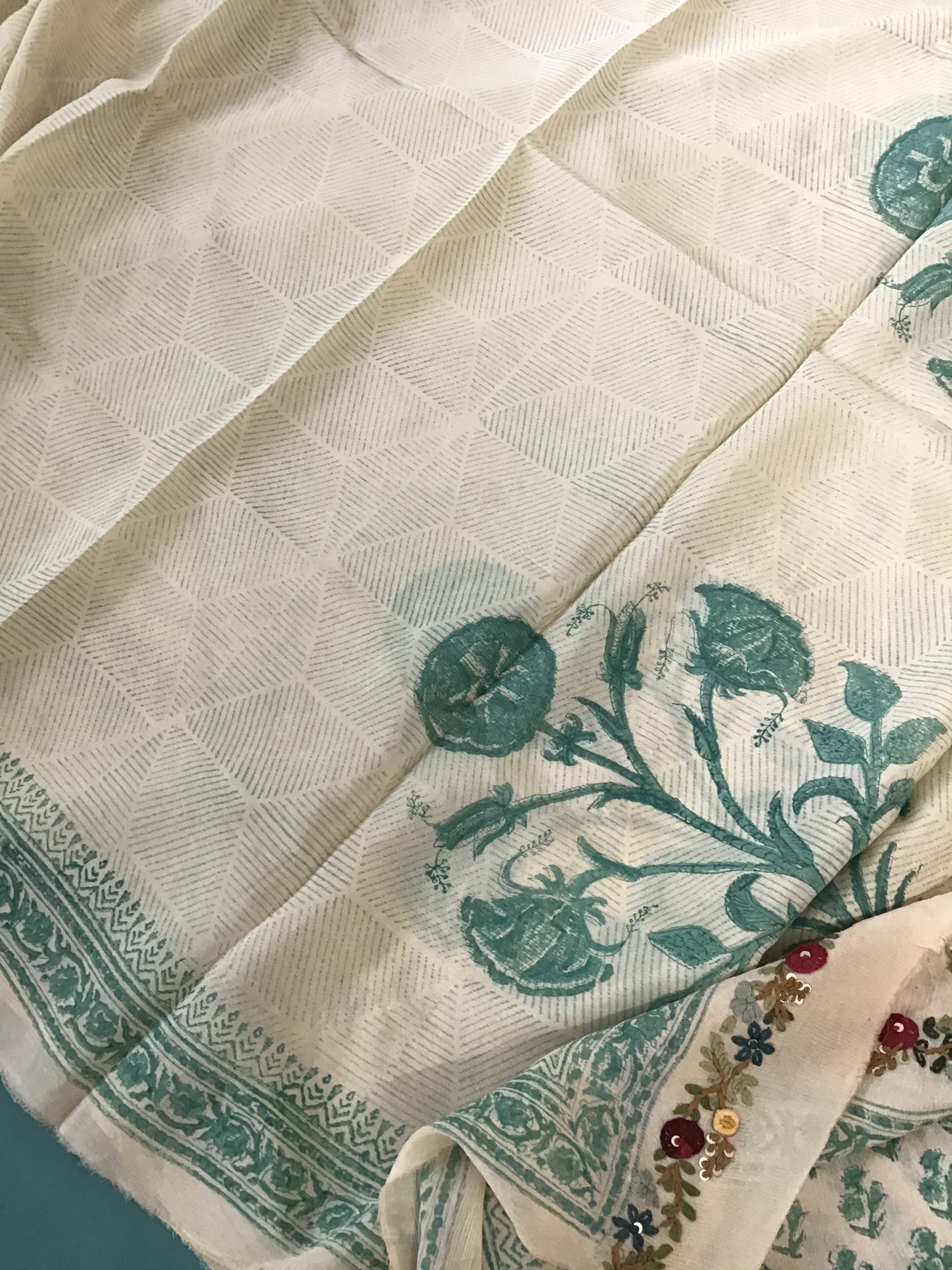 Pure Chinnon Silk Block Printed Embroidered Suit - BeigeBlue