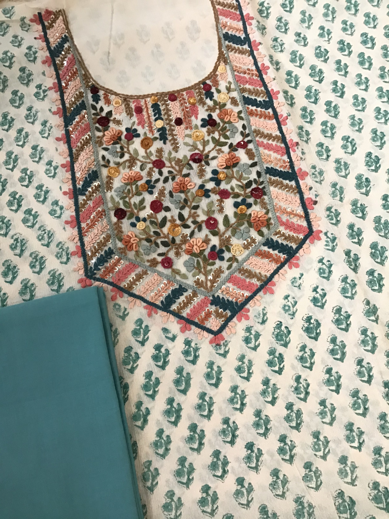 Pure Chinnon Silk Block Printed Embroidered Suit - BeigeBlue