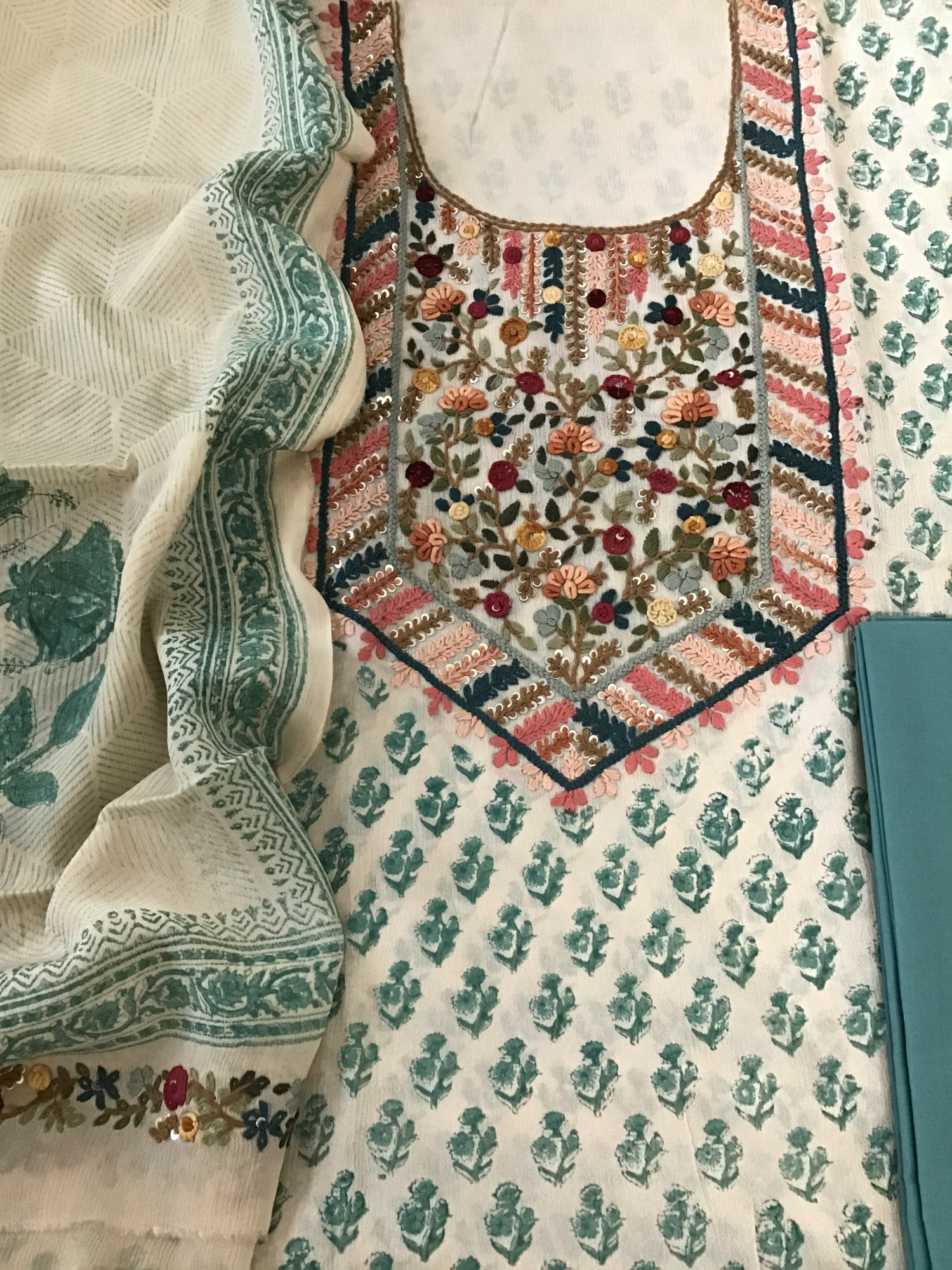 Pure Chinnon Silk Block Printed Embroidered Suit - BeigeBlue