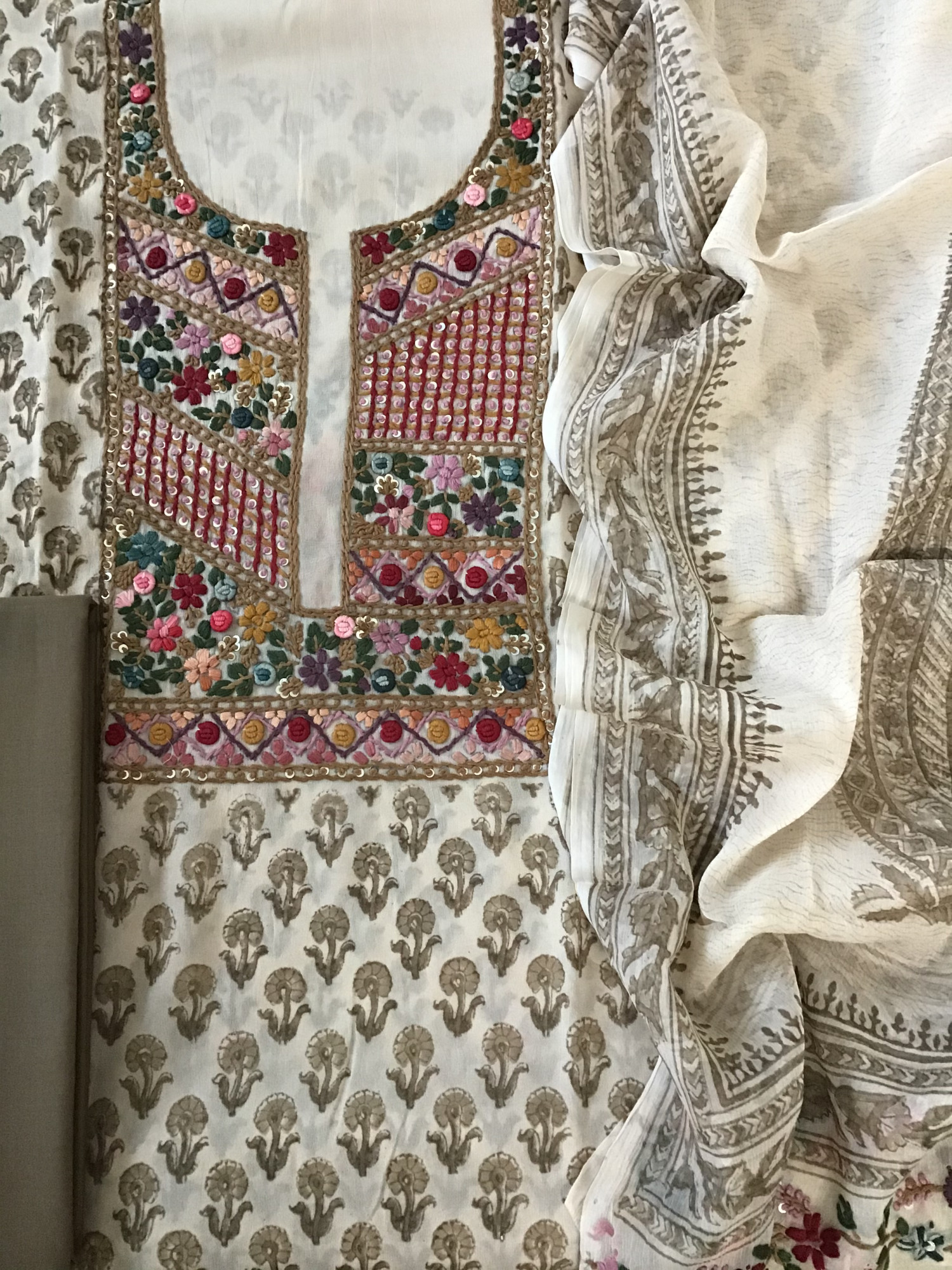 Pure Georgette Block Printed Embroidered Suit - BeigeBrown