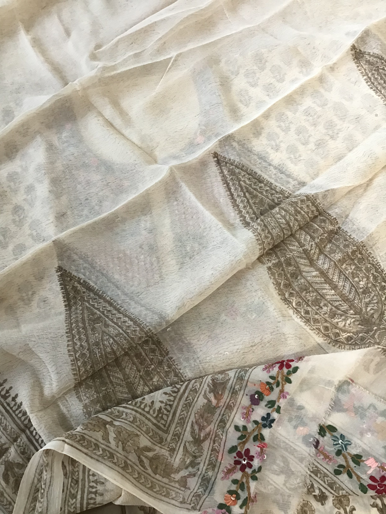 Pure Georgette Block Printed Embroidered Suit - BeigeBrown