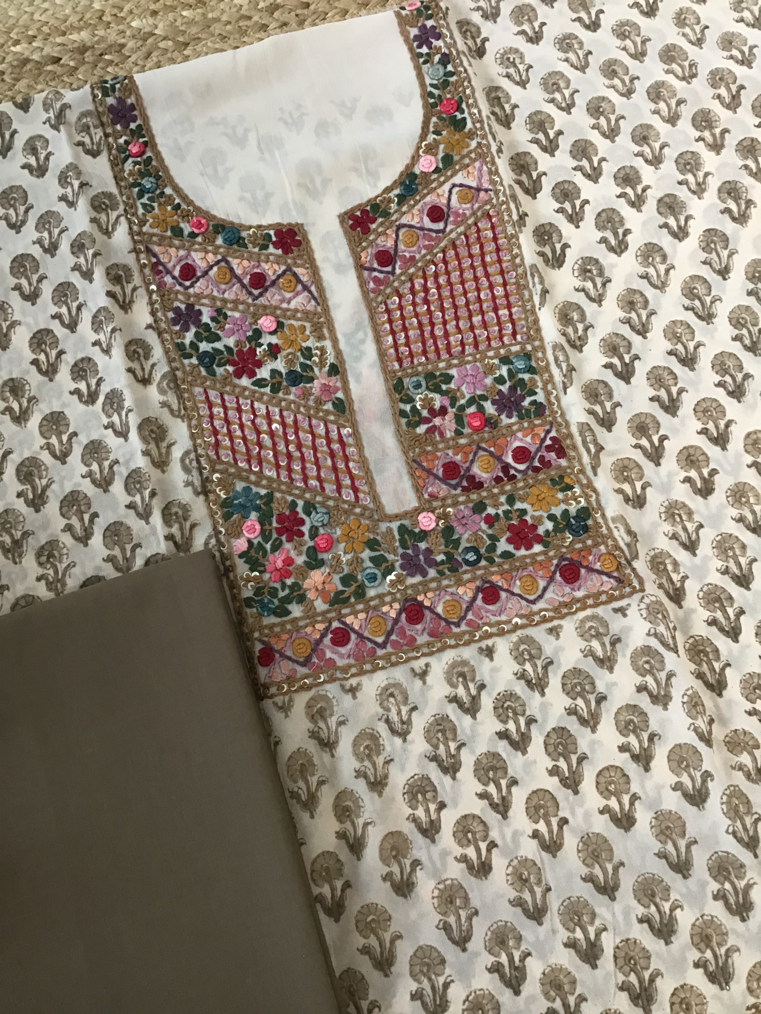 Pure Georgette Block Printed Embroidered Suit - BeigeBrown