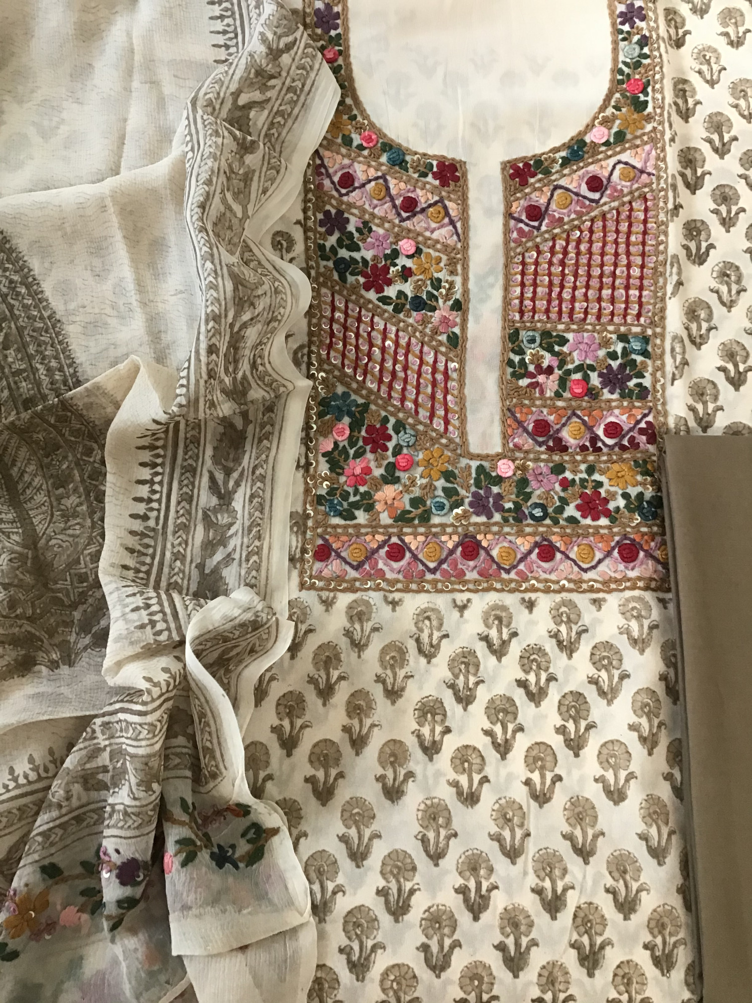 Pure Georgette Block Printed Embroidered Suit - BeigeBrown